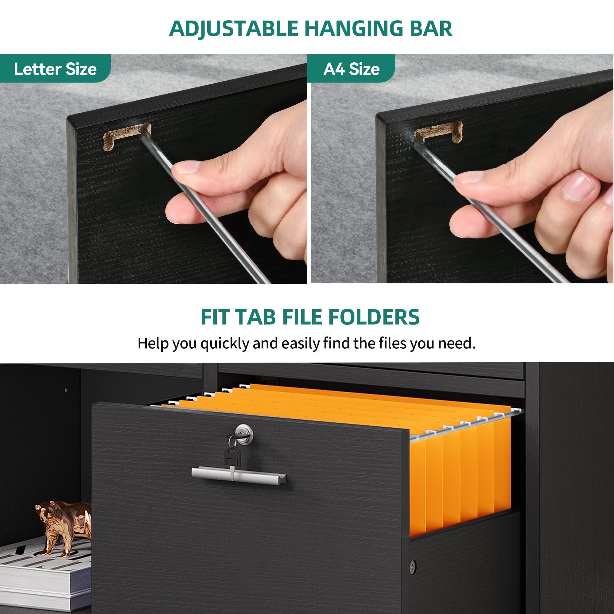 YITAHOME 3-Drawer Wooden File Cabinet with Lock - Mobile Lateral Storage Cabinet & Printer Stand for Home Office Organization - Black Office Furniture - Perfect for Document Storage, Printer Placement & Workspace Organization