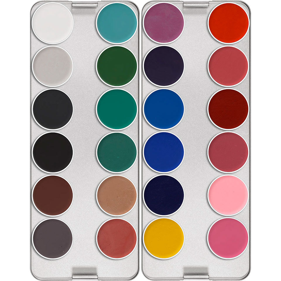 Kryolan 24 Color Professional Aquacolor Palette - Water-Based Makeup for Face & Body - Perfect for Theater, Halloween, SFX & Cosplay