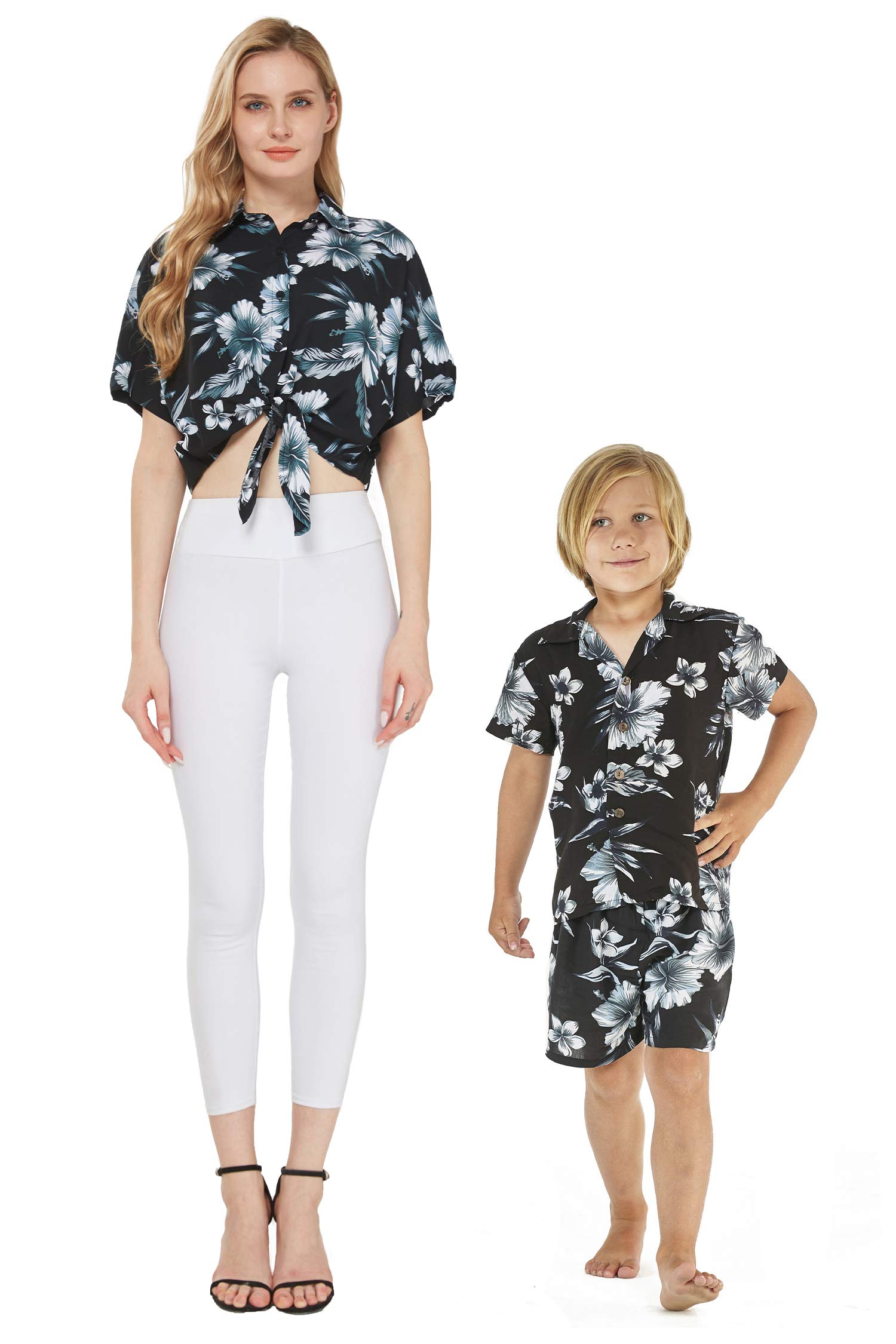 Matching Mother and Son Hawaiian Luau Outfits - Tropical Floral Tie-Front Shirts in Midnight Bloom for Family Beach Vacations & Summer Parties