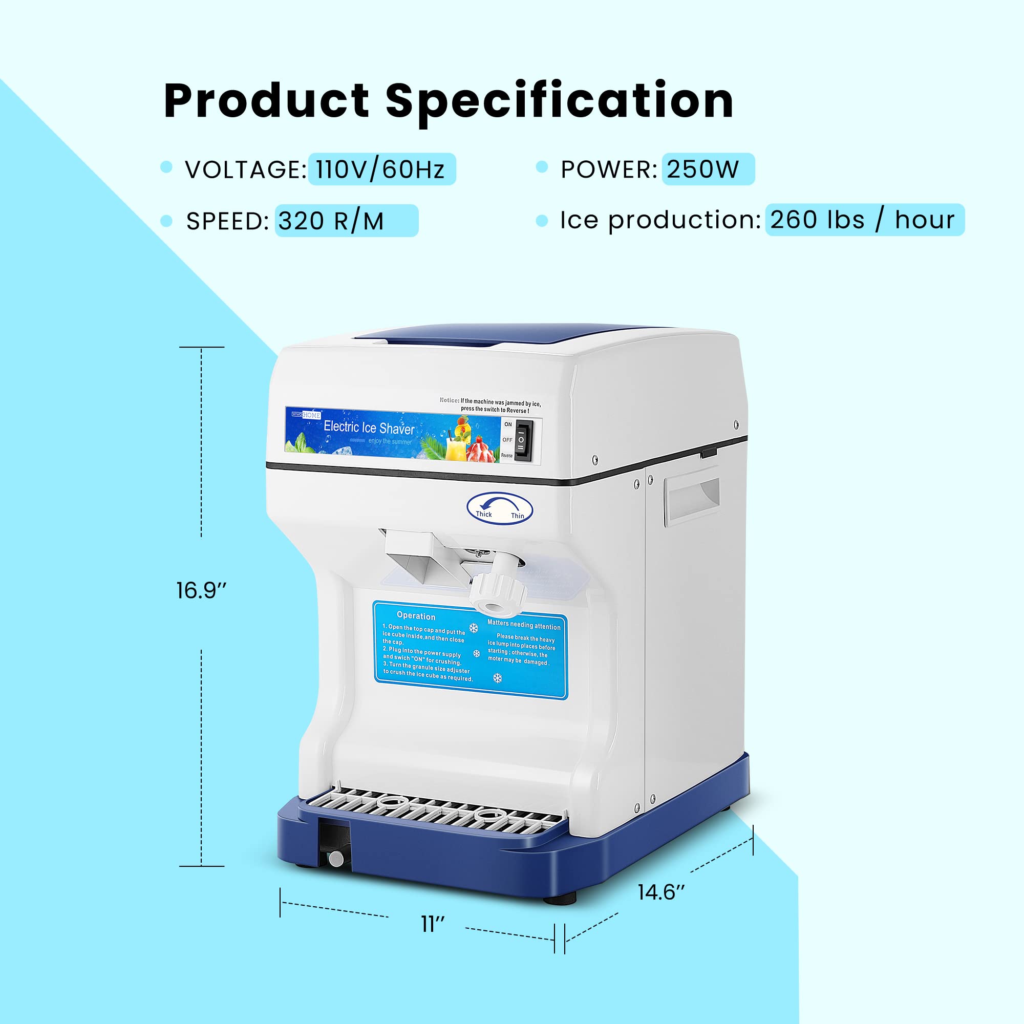 VIVOHOME Electric Ice Crusher Shaver Machine - 265lbs/hr Commercial & Home Use - Blue Snow Cone Maker for Parties, Bars, Restaurants & Summer Treats
