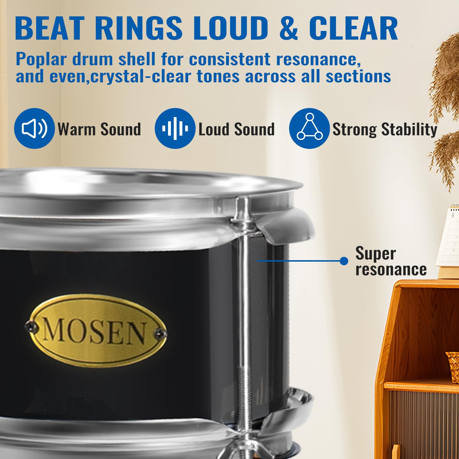 MOSEN 3-Piece Kids Drum Set with Adjustable Throne, Cymbal, Pedal & Drumsticks - Beginner Junior Drum Kit with Bass, Tom & Snare Drum (Red) - Perfect for Home Practice, Music Lessons & Birthday Gifts for Toddlers & Young Children