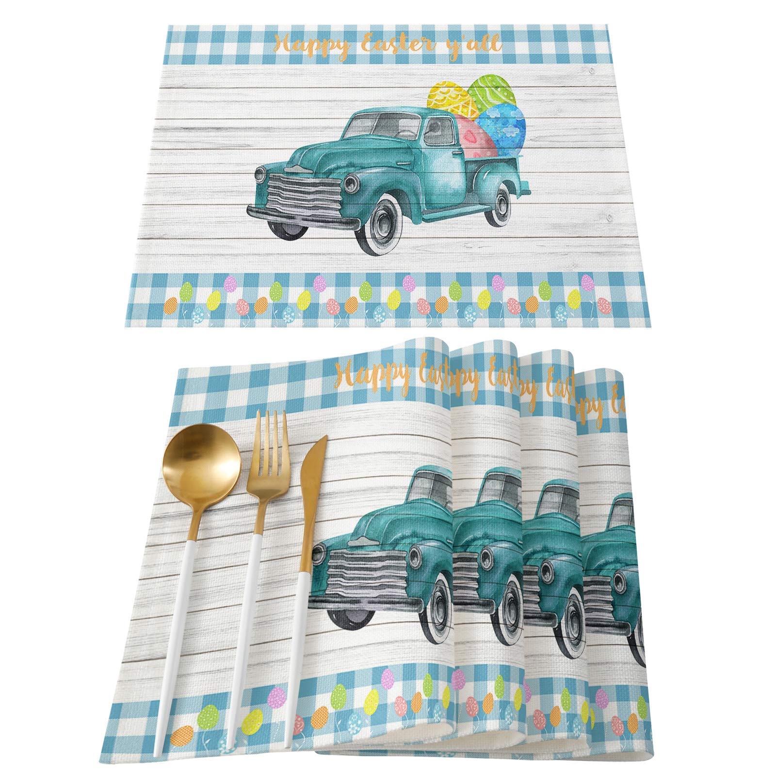 Easter Egg Truck Placemats Set of 4 - Blue Check Plaid Wood Grain Table Mats for Easter & Spring Holiday - Washable Cotton Linen Table Decor for Dining Room, Kitchen, and Party Settings