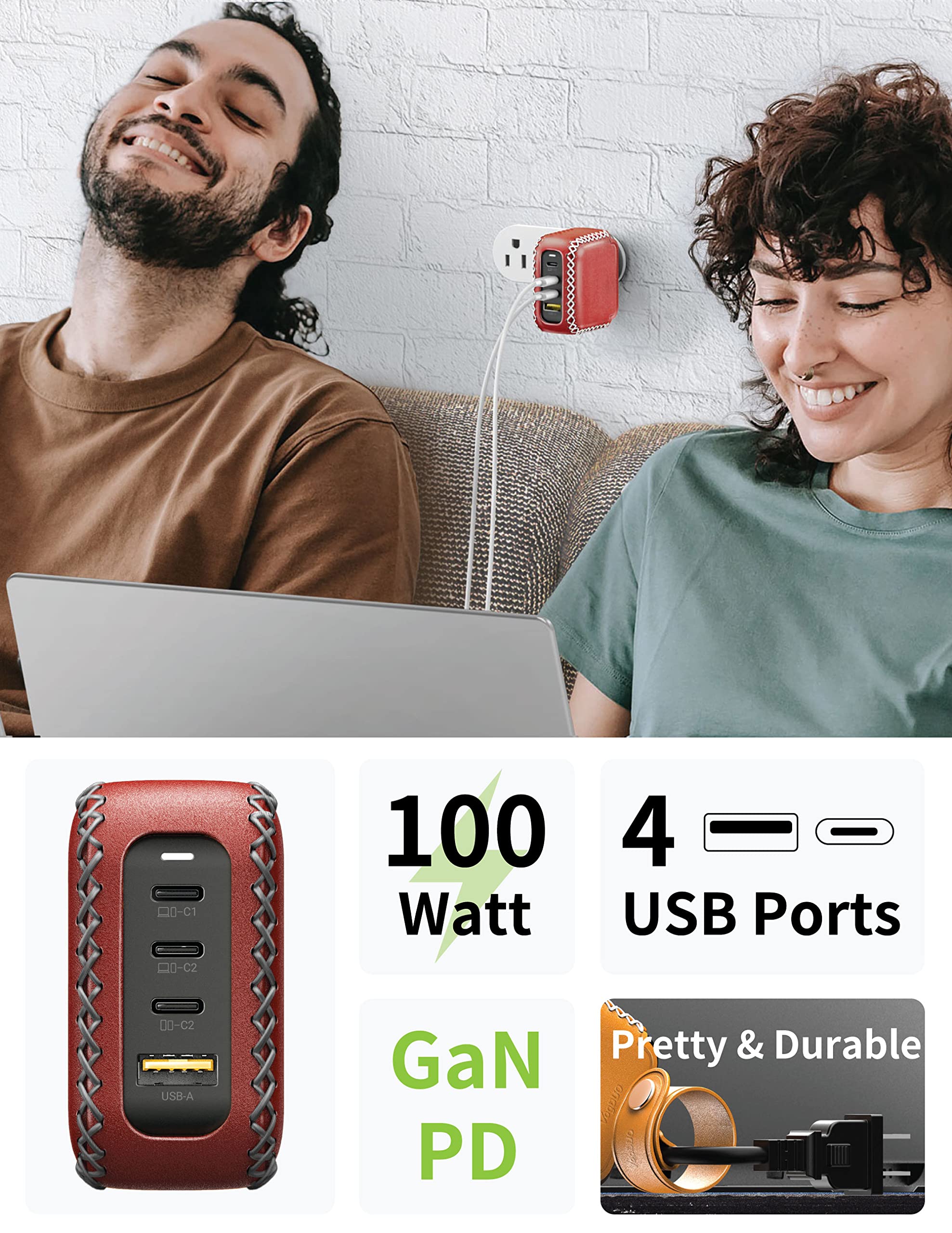 100W GaN PD Fast Wall Charger with Foldable Plug & 5ft Leather Extension Cable - USB C Travel Charger for Samsung Galaxy, Z Fold, Z Flip (Maroon Red) - Perfect for Travel, Office & Home Charging
