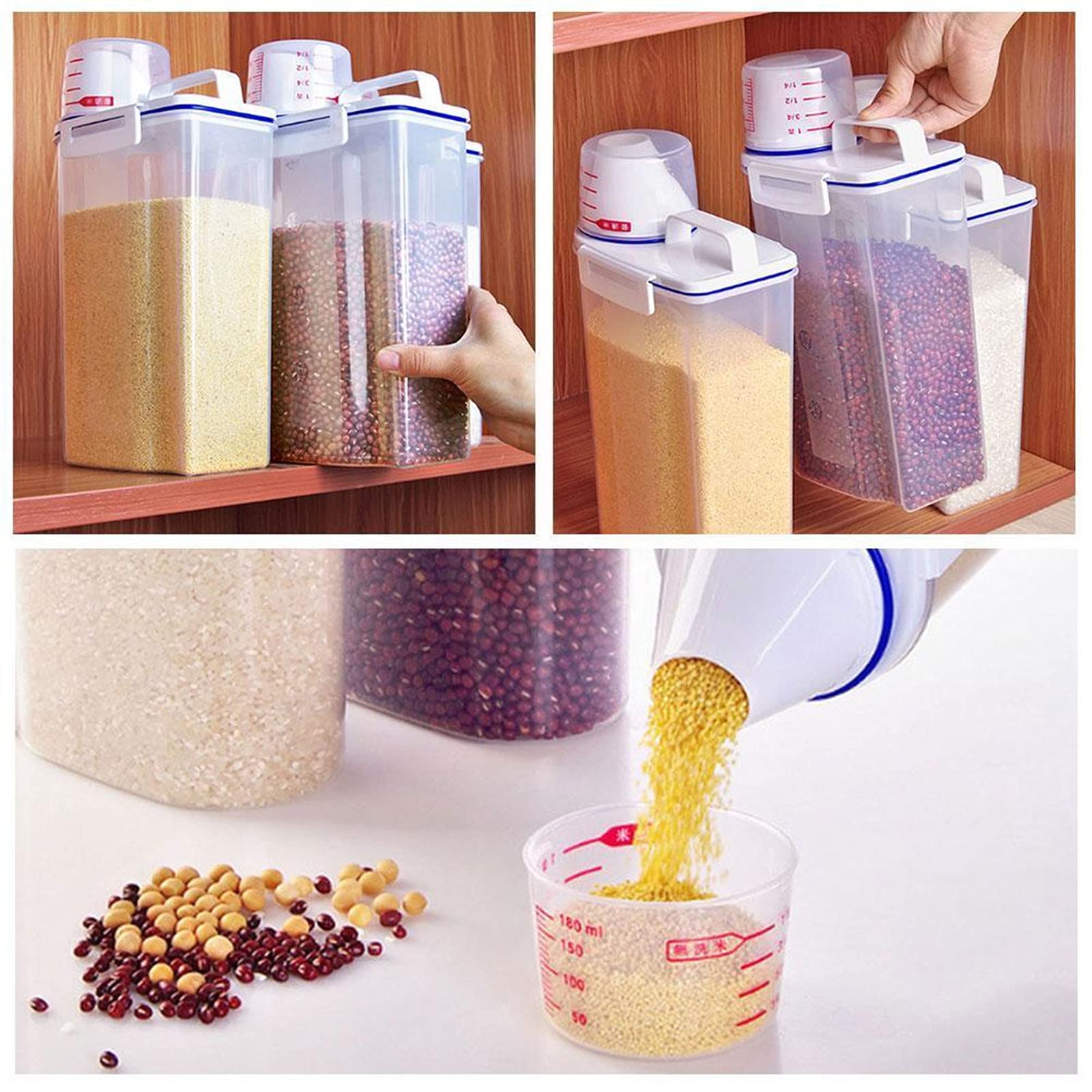 3L Transparent Grain Storage Container with Measuring Cup - Airtight Kitchen Jar for Rice, Sugar, Flour & Powder - Perfect for Pantry Organization & Bulk Food Storage