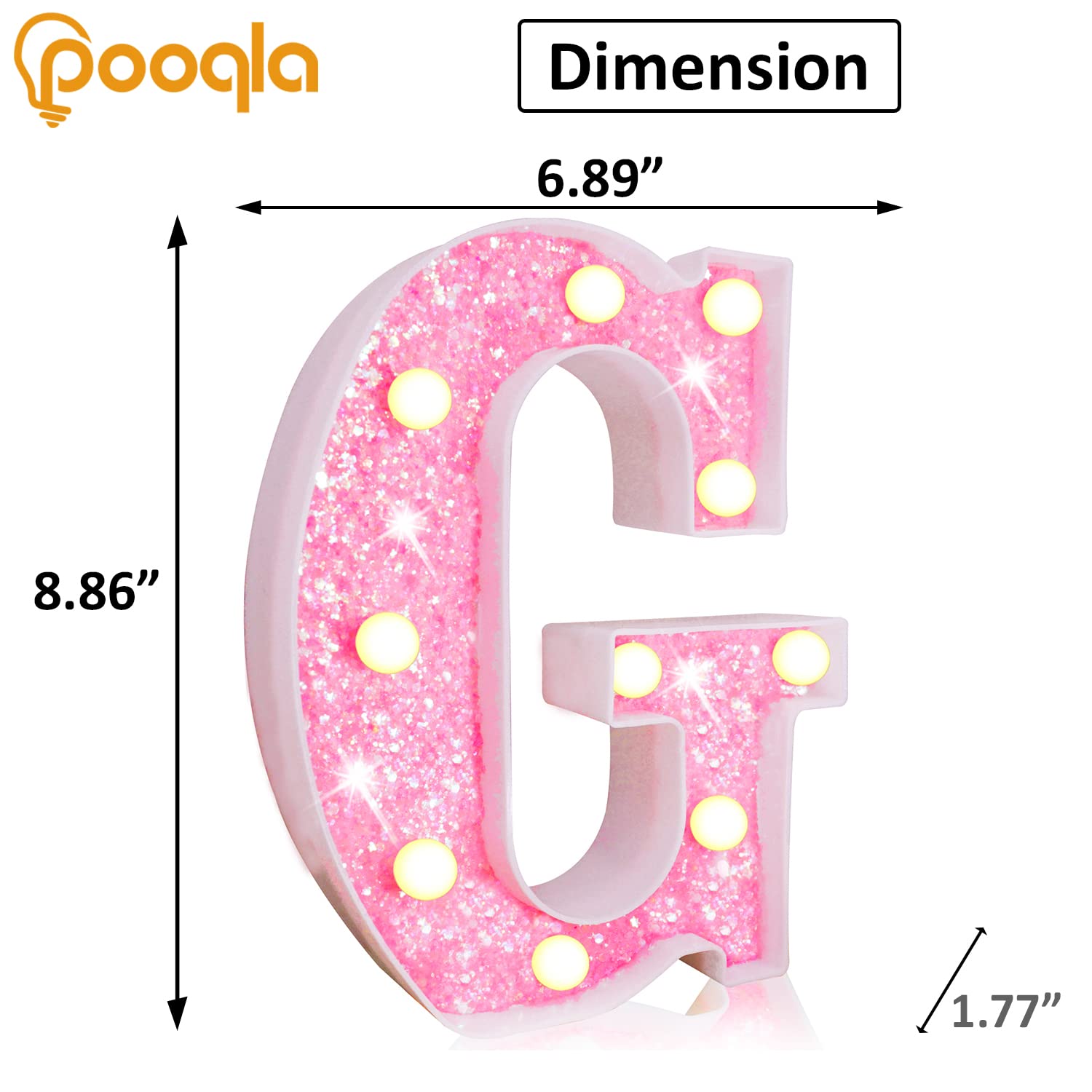 Pooqla LED Marquee Letter Lights - Pink Glitter Alphabet Sign with Battery Power for Night Light, Birthday Party, Wedding, Girls Gifts, Home Bar & Christmas Decoration - Perfect for Bedroom, Nursery, and Festive Events (Pink Letter G)