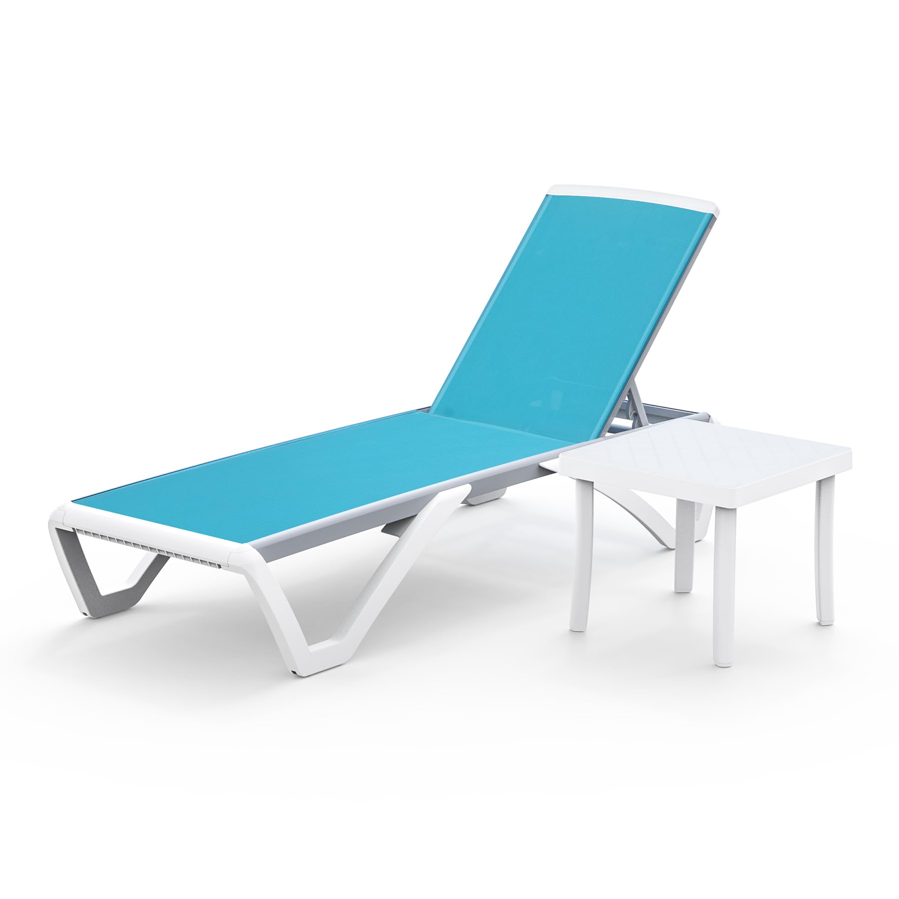 Domi Adjustable Aluminum Pool Lounge Chair with Table - All-Weather Outdoor Chaise Lounge for Deck, Lawn, Backyard & Poolside - Aqua Textilene Fabric - Perfect for Sunbathing, Relaxing by the Pool or Beach Vacation