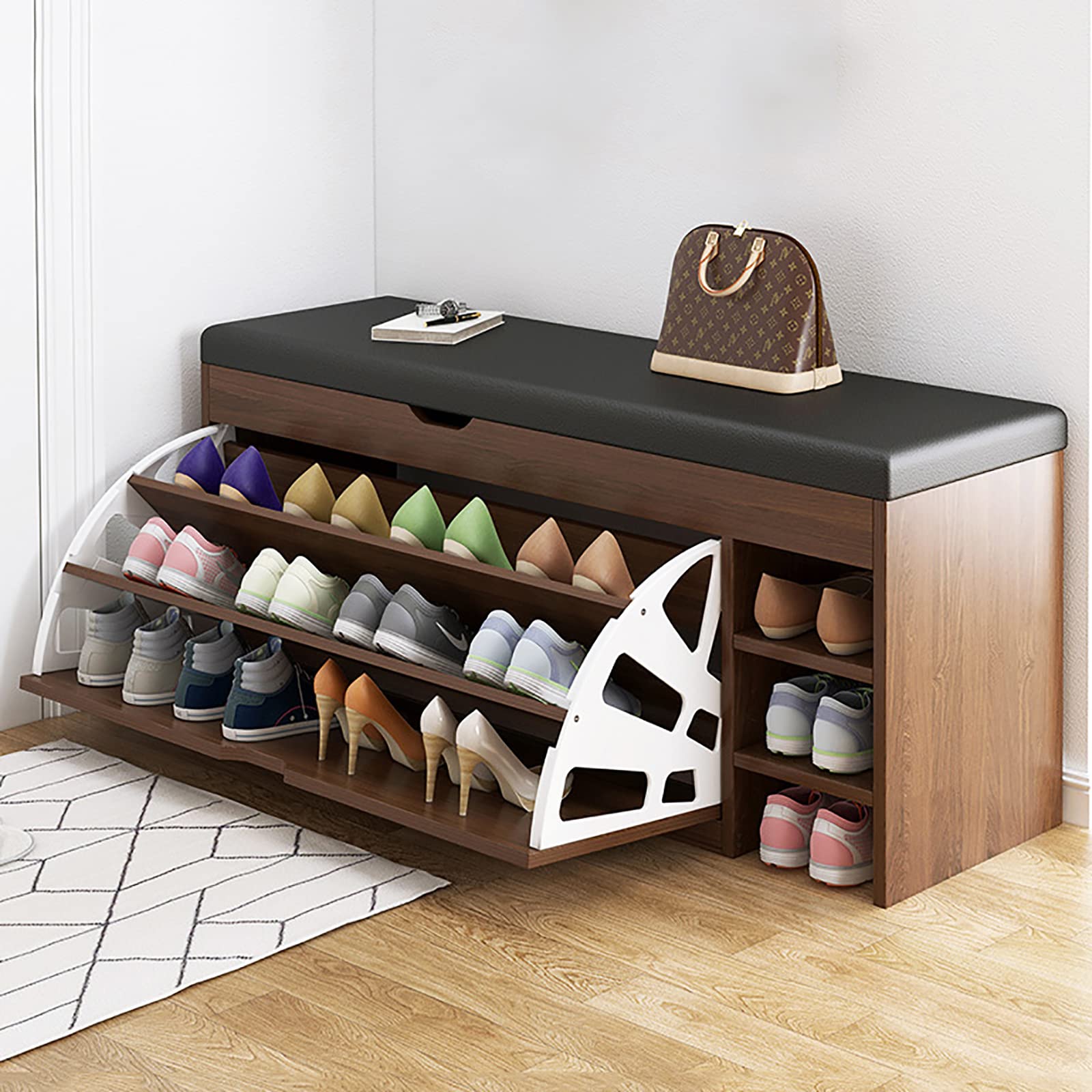 U&Q Modern Wooden Shoe Storage Bench with Hidden Shoe Rack - Entryway Shoe Cabinet Organizer & Seat - Multi-Purpose Shoe Cubby with Large Top Storage - Brown (100x34x60cm/39x13x24in) - Perfect for Hallway, Bedroom & Closet Organization