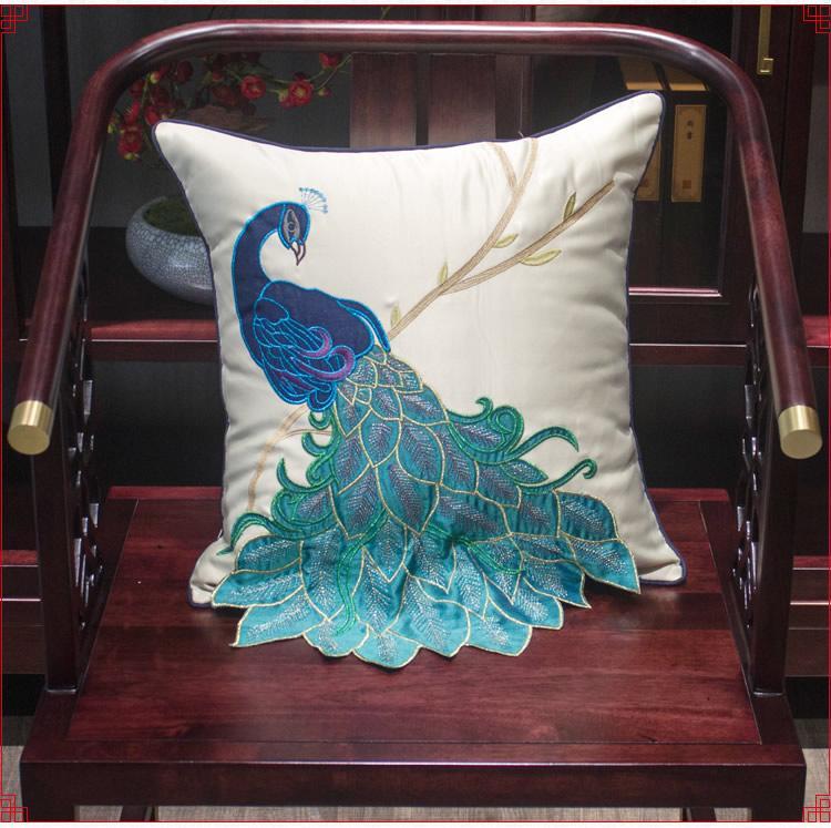 Embroidered Peacock Cotton & Linen Decorative Throw Pillows - Elegant Sofa & Couch Pillow Covers for Living Room, Bedroom Decor