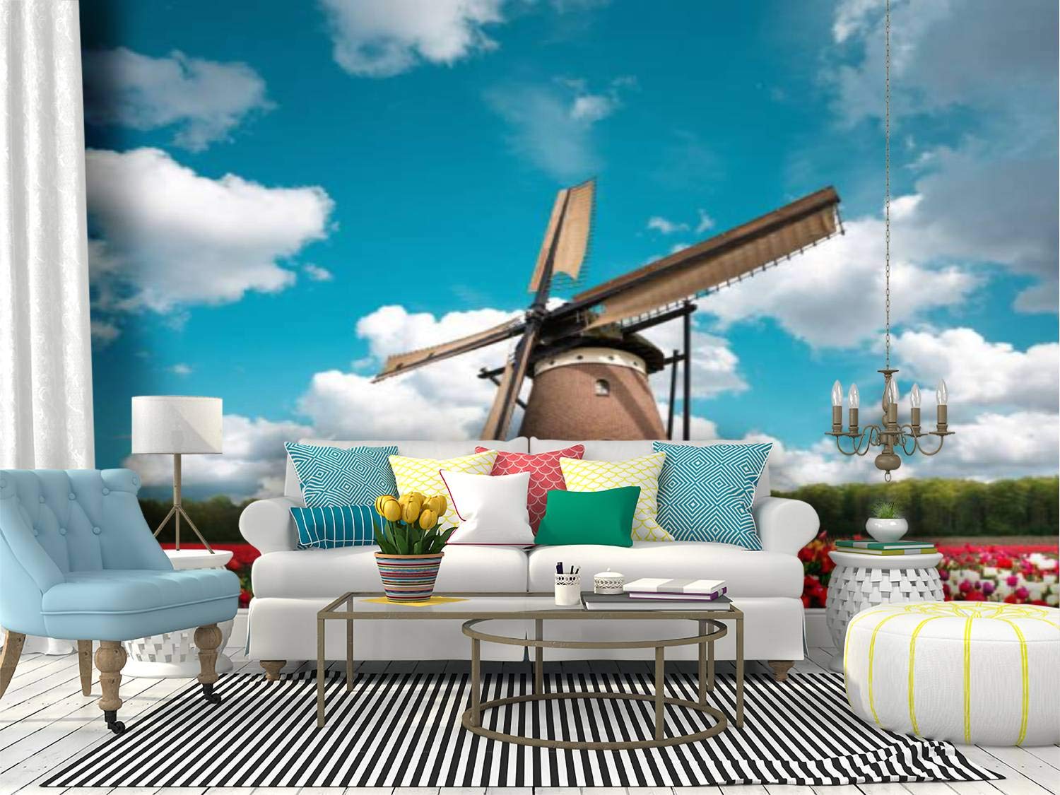 Peel and Stick Wallpaper - Dutch Tulip Field with Windmill Vintage Farm Landscape - Self-Adhesive Removable Vinyl Wall Mural for Living Room, Bedroom, Nursery & Home Decor