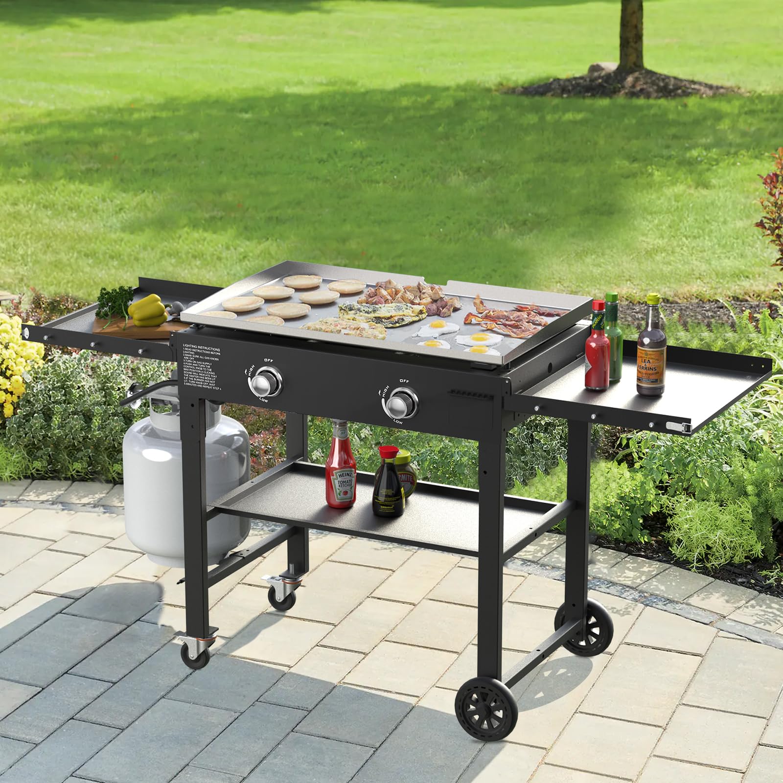 SKOK 28 Inch Foldable Outdoor Propane Griddle - 30000 BTU Portable Flat Top Gas Grill with 2 Burners & Side Shelves | Perfect for Camping, Backyard BBQs, and Tailgating Parties