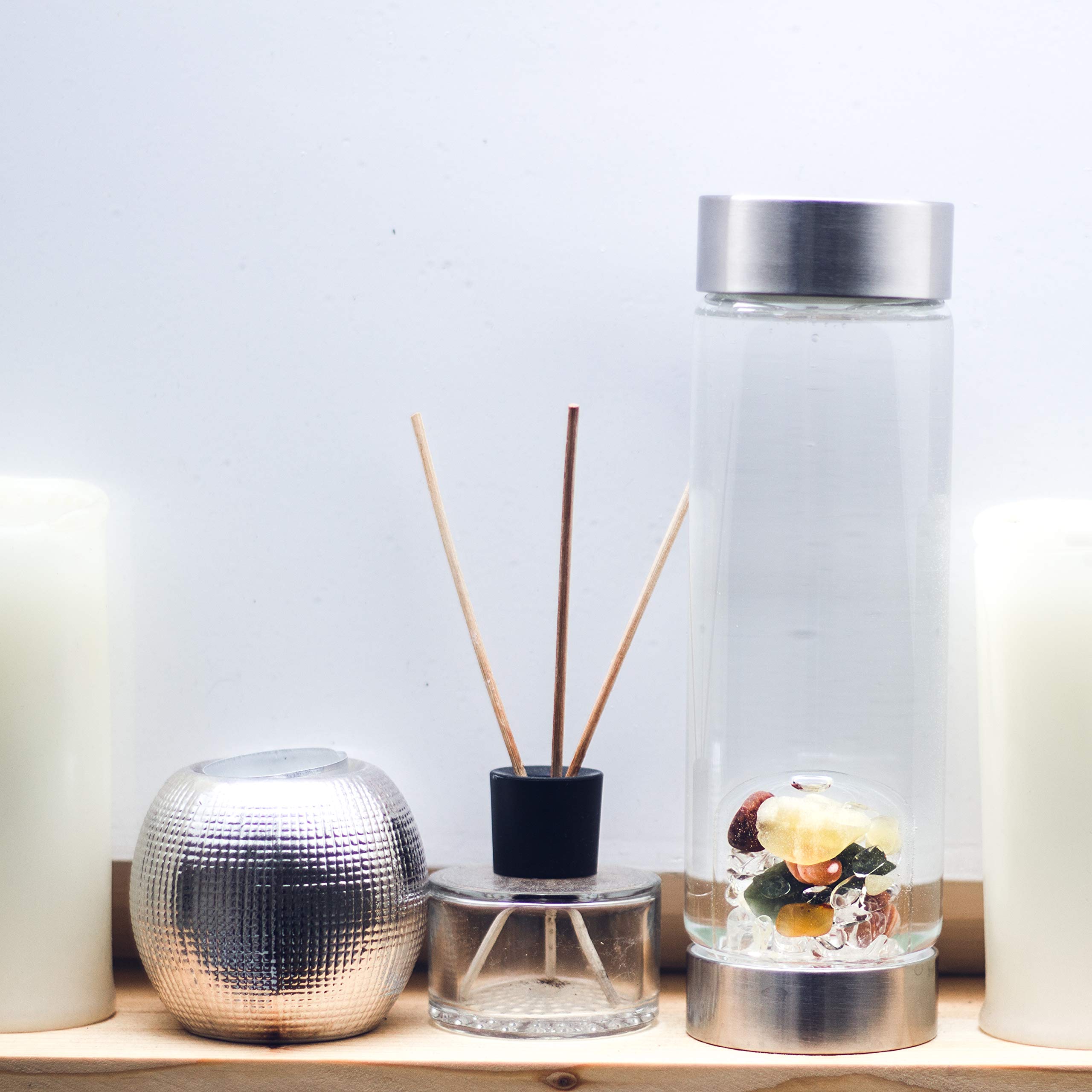 VitaJuwel ViA HAPPINESS Crystal Water Bottle - Jade, Orange Calcite, Carnelian & Clear Quartz Infused for Positive Energy, Good Luck & Motivation | Reusable Wellness Bottle for Yoga, Meditation, Office & Daily Hydration