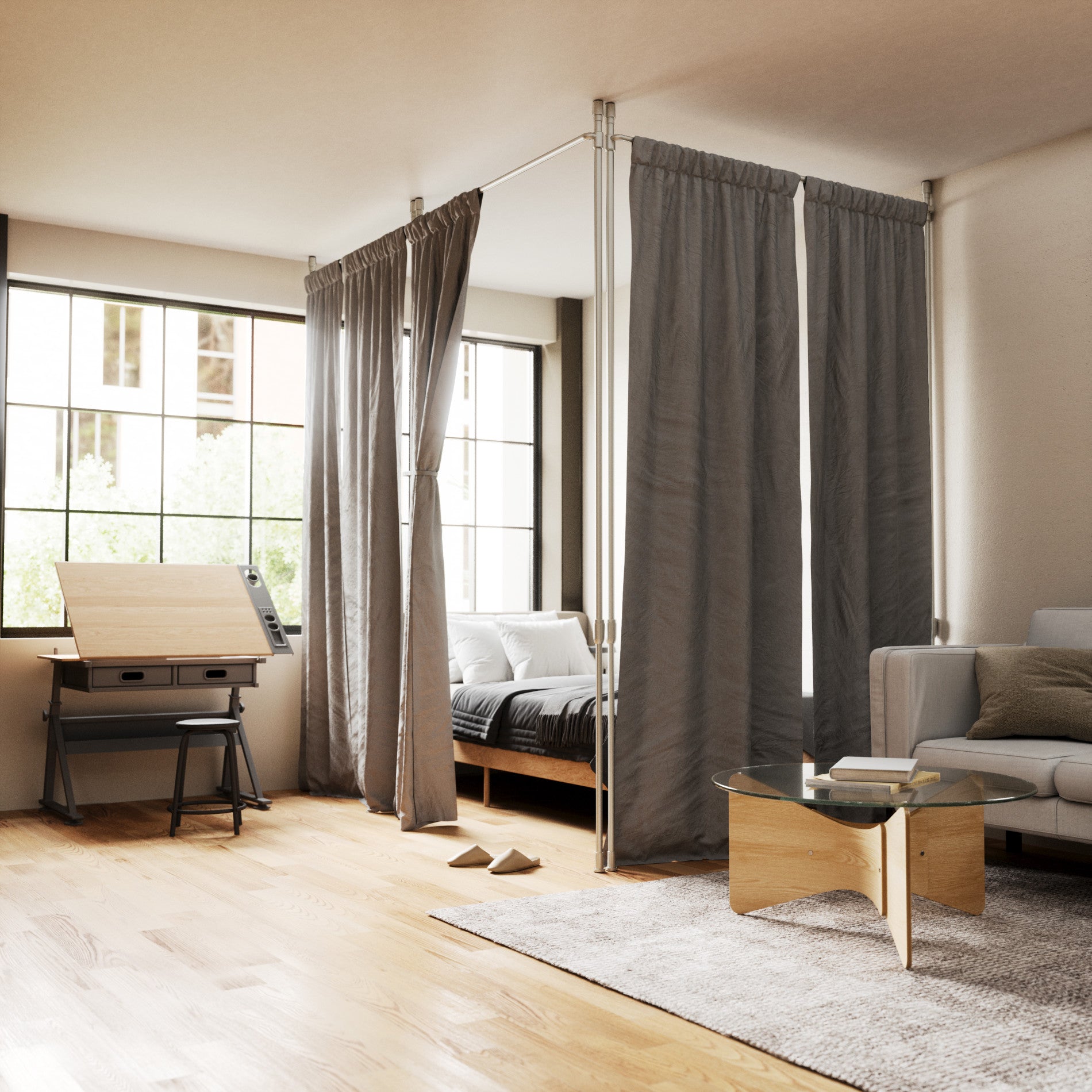 Adjustable Anywhere Tension Curtain Rod - No Drill Room Divider for Windows, Doors & Open Spaces - Perfect for Home, Office & Dorm Room Decor