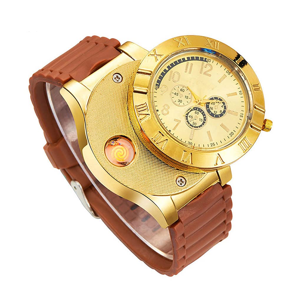 Rechargeable Military Lighter Watch for Men - Windproof Flameless USB Lighter (Gold) for Outdoor & Camping