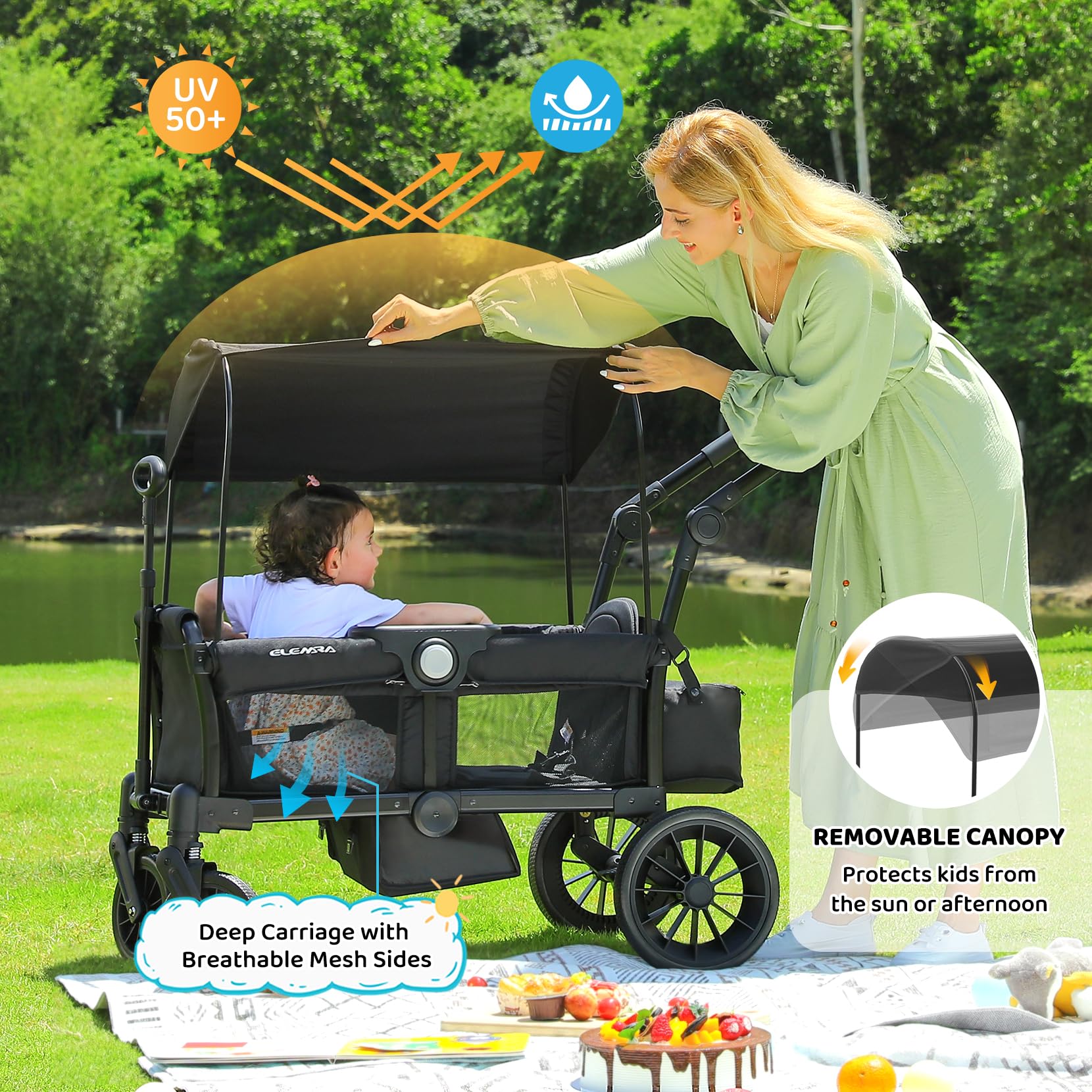 **ELEMARA 2-in-1 Foldable Stroller Wagon for Kids - All-Terrain Push & Pull Wagon with Removable Canopy, Adjustable Handle, Safety Harnesses & Large Storage Bag - Perfect for Beach, Park & Outdoor Adventures (Black)**