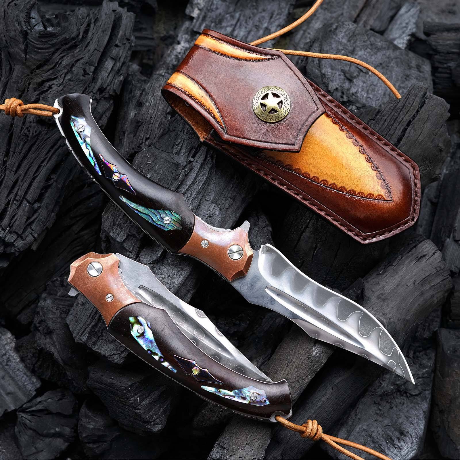 Premium Damascus Steel Pocket Knife with Ebony Wood, Timascus & Abalone Shell Handle - Perfect for EDC, Camping, Hunting & Outdoor Adventures