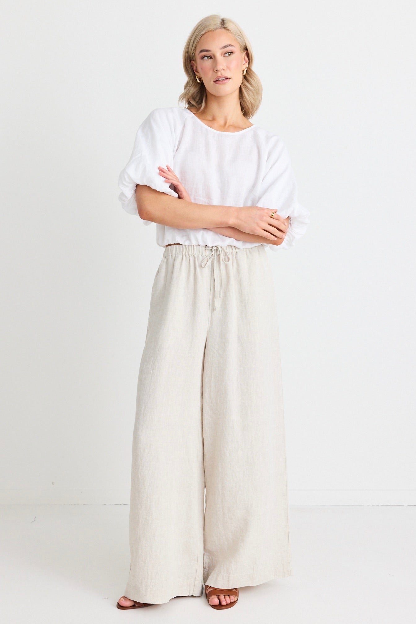 Resort Natural Linen Tie Waist Pull On Wide Leg Pants for Women - Comfortable Summer Beach Vacation & Casual Wear