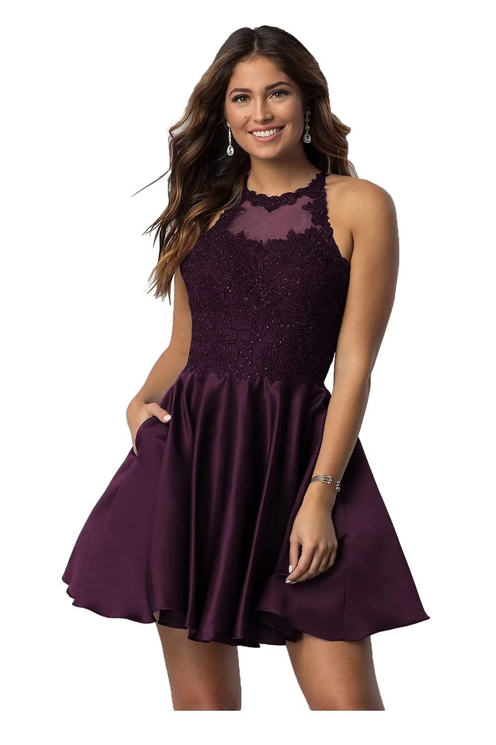 Elegant Lace Applique Short Homecoming Dresses with Pockets | Halter Prom Dresses for Teens 2024 | Satin Cocktail Party Dresses for Formal Events & Special Occasions