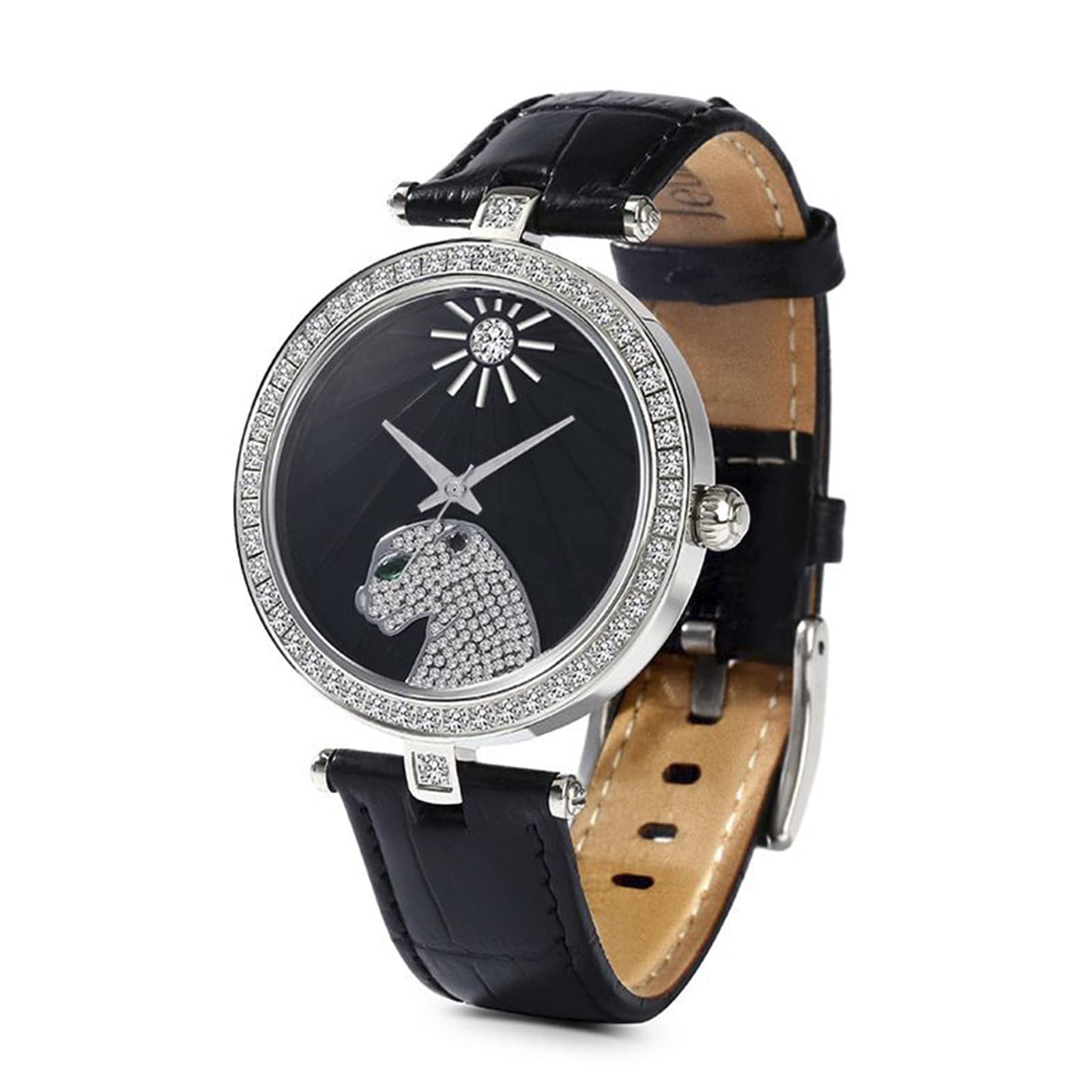 Jeulia Women's Leopard Print Quartz Watch - Black/Pink Leather Band with Black Diamond Lion Dial - Stainless Steel Case - Unisex Sports & Business Watch for Women & Men - Perfect for Office, Gym, and Everyday Wear