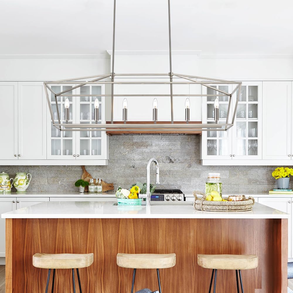 6-Lights Kitchen Island Pendant Lighting Fixture - Brushed Nickel Farmhouse Linear Chandelier with E12 Bulb Base - Perfect for Dining Room, Living Room, Pool Table and Modern Home Decor