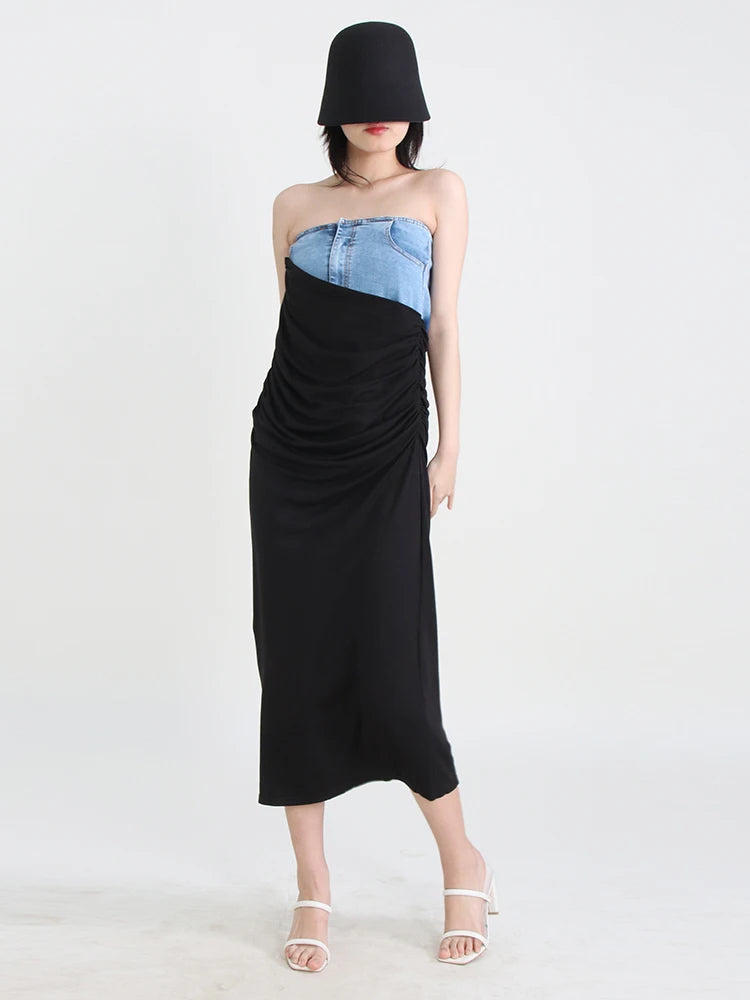Women's High Waist A-Line Slim Patchwork Denim Skirt - Fashionable Folds & Temperament Design for Casual Outfits, Office Wear & Date Nights