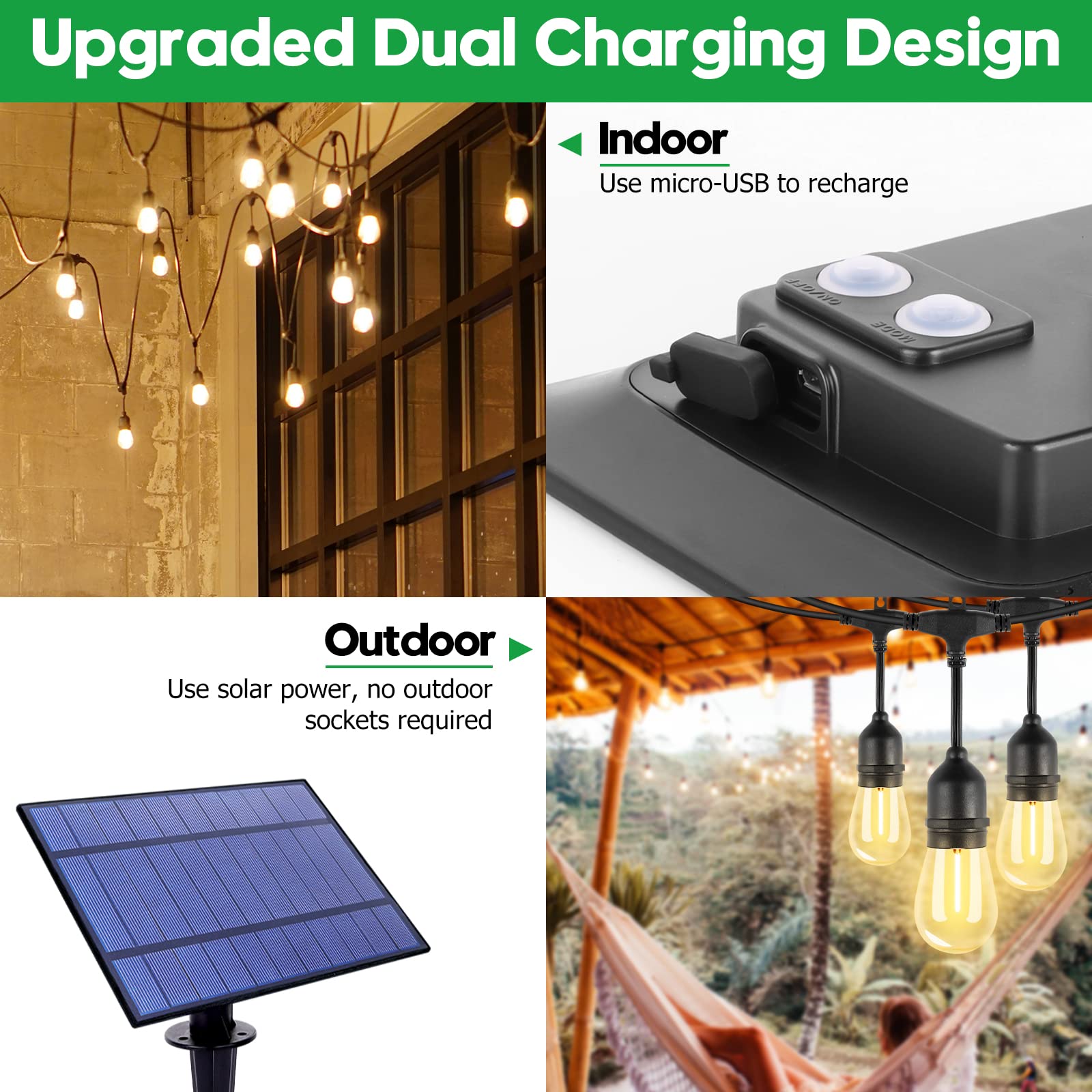 35FT Solar String Lights Outdoor Waterproof - Commercial Grade IP65 LED Solar Powered Patio Lights with S14 Shatterproof Sockets - Perfect for Garden, Backyard, Wedding, Party, and Holiday Decorations