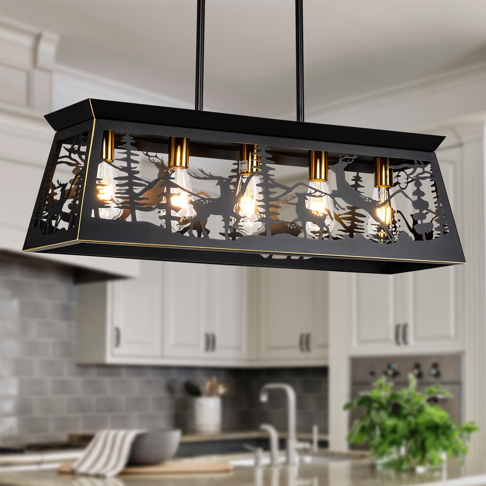 32-Inch Black Rustic Farmhouse Chandelier - 5-Light Kitchen Island Lighting, Deer Design Dining Room Fixture for Rustic Decor, Perfect Over Tables in Dining Rooms and Kitchens