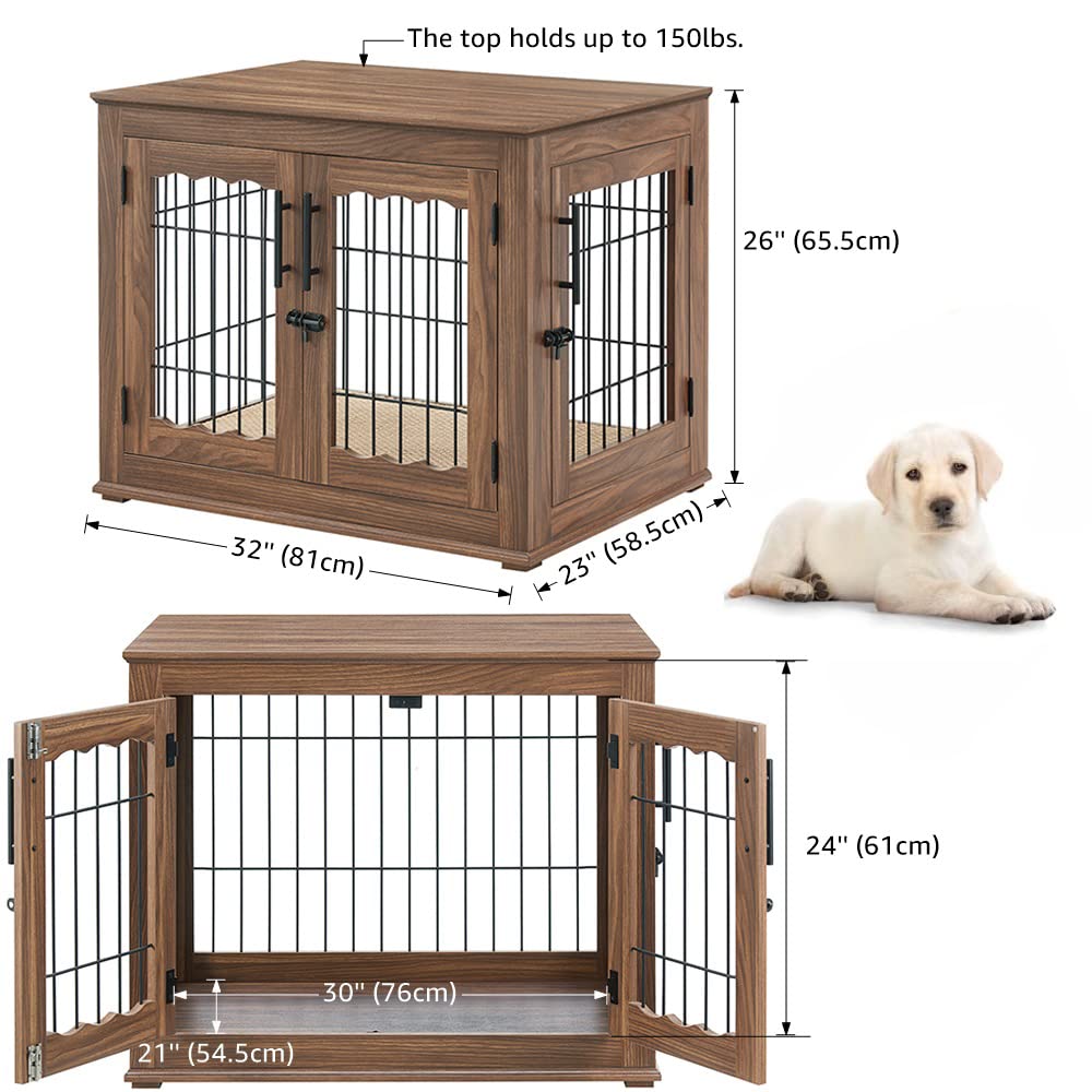 BeeNbkks Stylish Wooden Dog Crate End Table - Double Door Wire Kennel with Removable Pet Bed | Indoor Decorative Dog House for Medium & Large Dogs | Perfect for Living Room, Bedroom & Home Office Decor