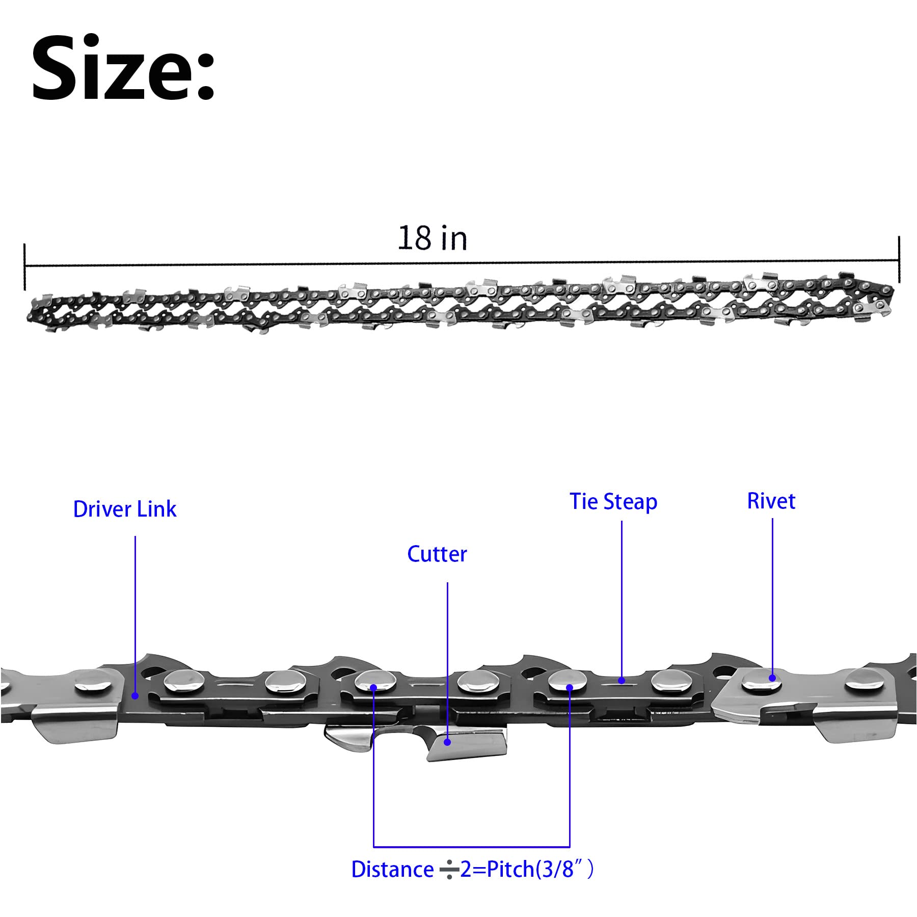 18-Inch Chainsaw Chain Compatible with Ryobi RY10532, Homelite 23AV 3300, Poulan 260 400E, Echo CS-370 CS-400, Greenworks 2000002 80V, McCulloch CS340, Remington 111174-01, Kobalt KCS 180B-06 - Perfect for Tree Trimming, Firewood Cutting, and DIY Landscaping Projects