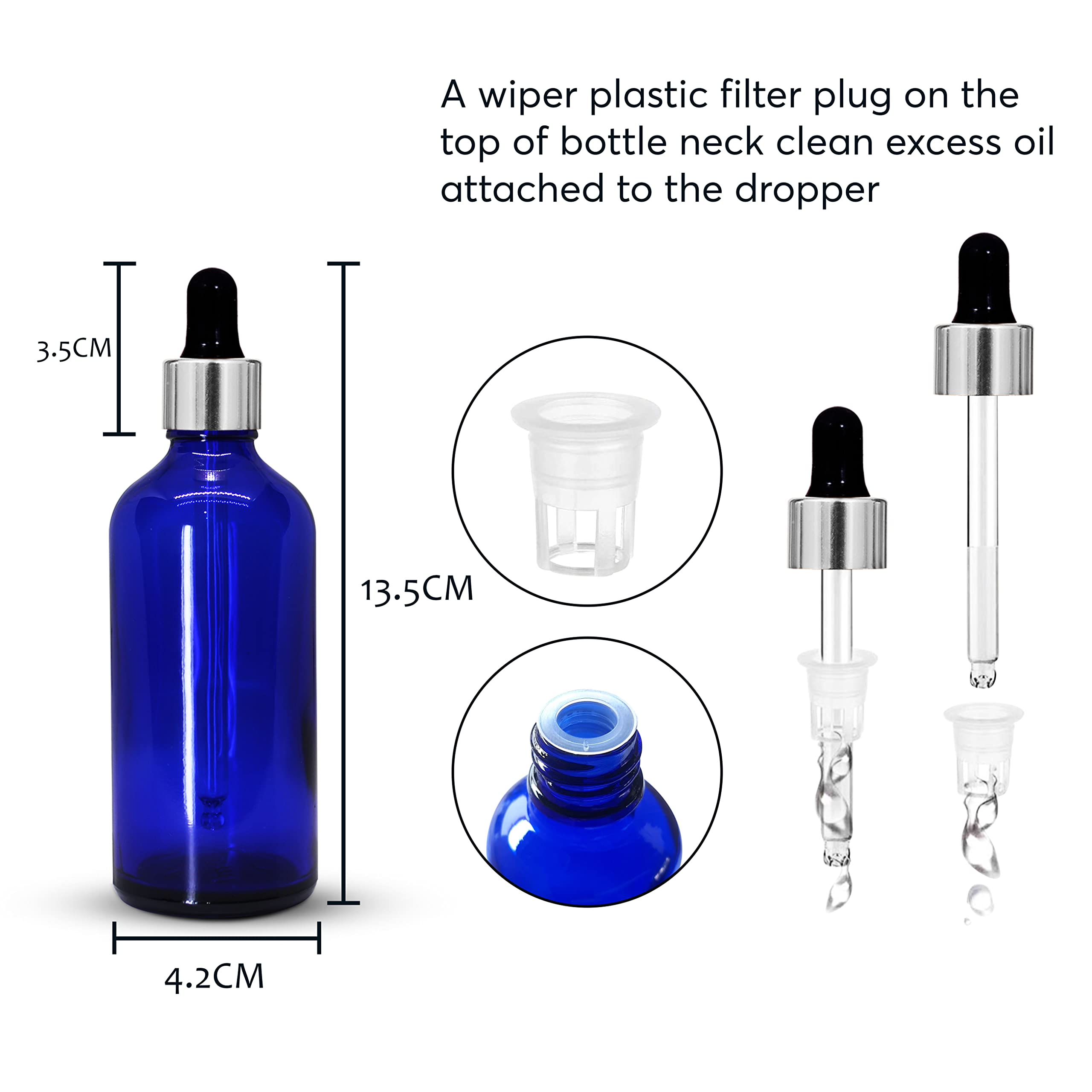 NSB Herbals 100ml Blue Round Empty Glass Bottle with Glass Dropper, Silver Ring & Black Silicone Teat - Leakproof Refillable Essential Oil Bottles for DIY Perfumes, Aromatherapy, Travel (Pack of 3)