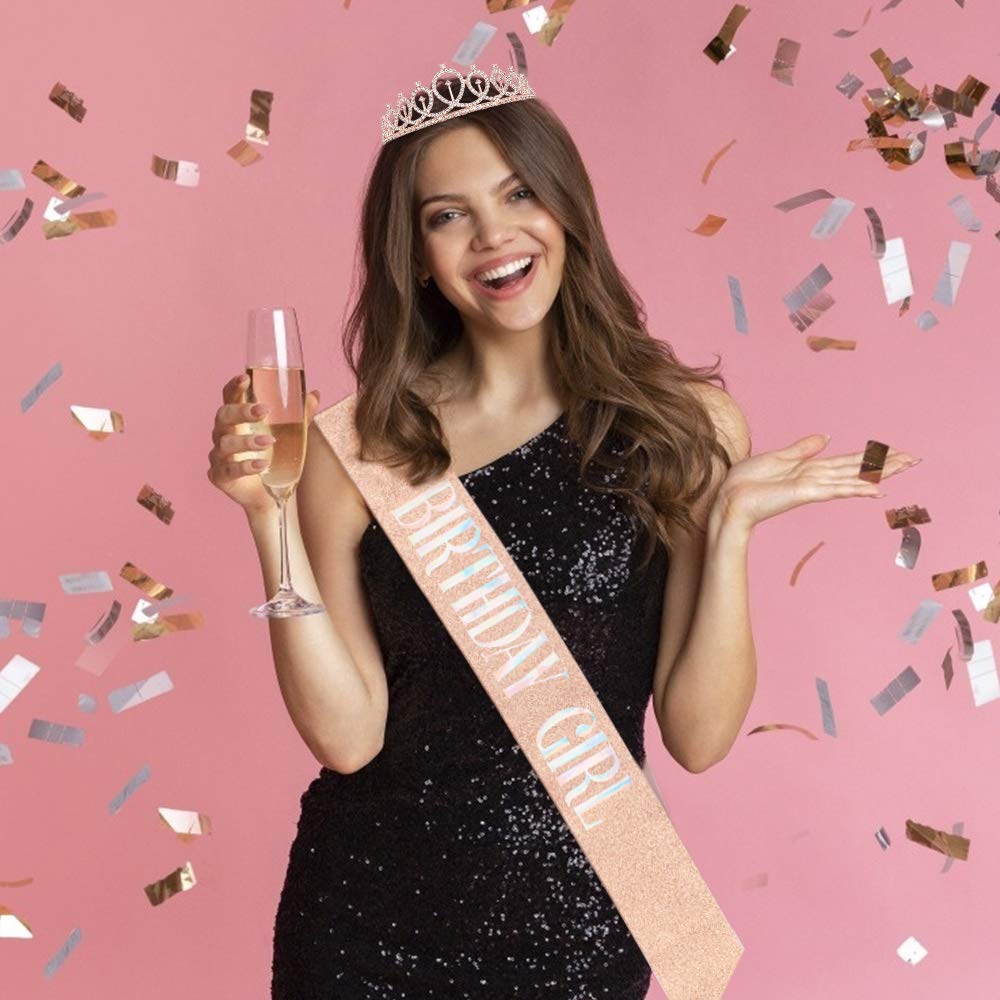 Rose Gold Rhinestone Birthday Tiara & Sash Set for Women & Girls - Sparkling Birthday Crown, Party Princess Accessories for Birthday Celebrations, Bridal Showers & Special Occasions