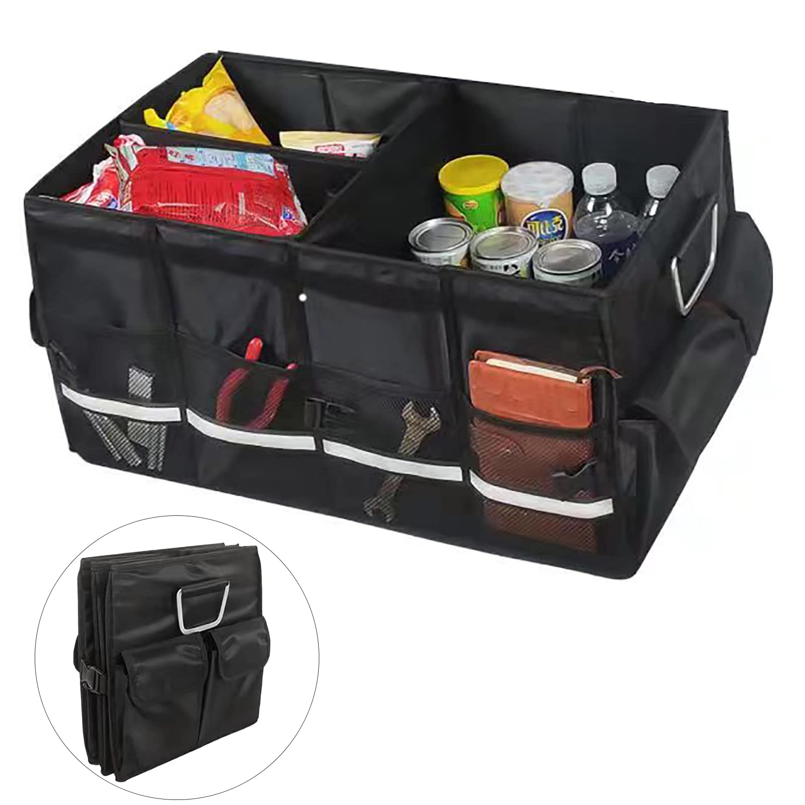 Collapsible SUV Trunk Organizer with Aluminum Alloy Handle & Reflective Strip - Multi-Compartment Car Storage Solution for Travel, Groceries, and Road Trips