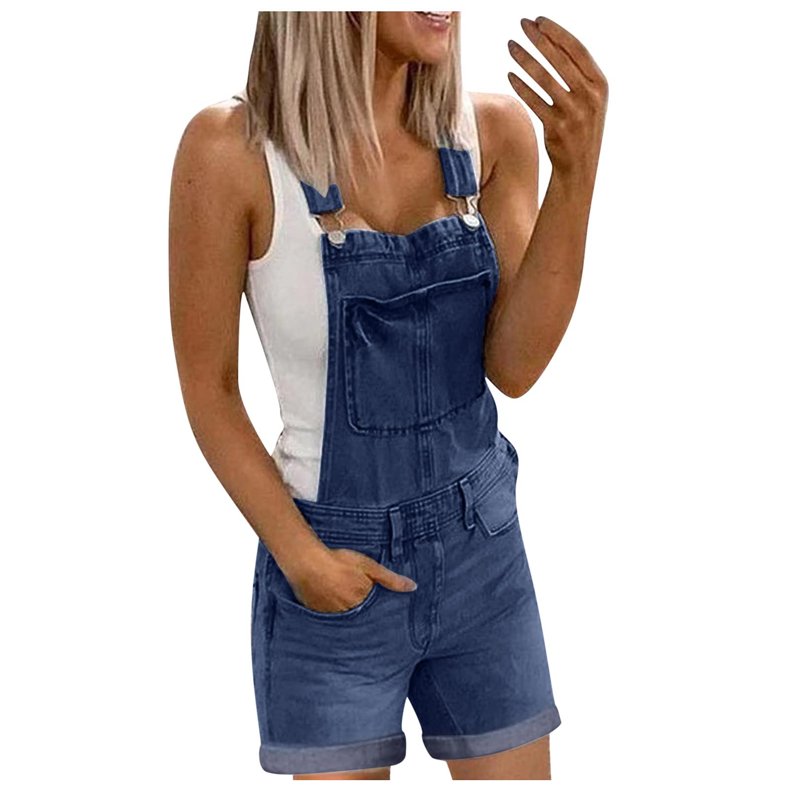 BOTCAM Women's Denim Short Jumpsuit - Sleeveless Loose Fit Cargo Dungarees with Pockets | Casual Summer Outfit, Streetwear Fashion, Weekend Wear