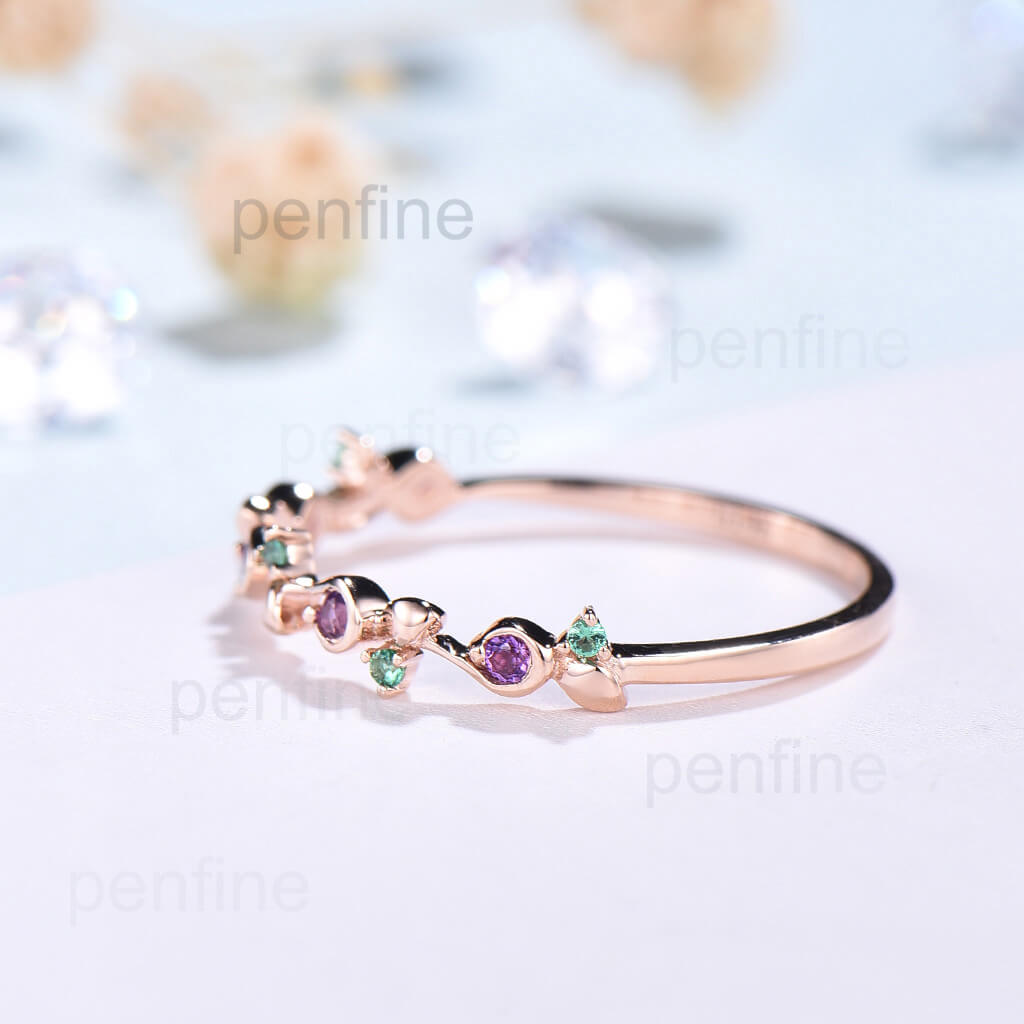 Vintage Emerald & Amethyst Stacking Ring - Dainty Wedding Band for Women, Elegant Stackable Jewelry for Bridal, Anniversary & Everyday Wear