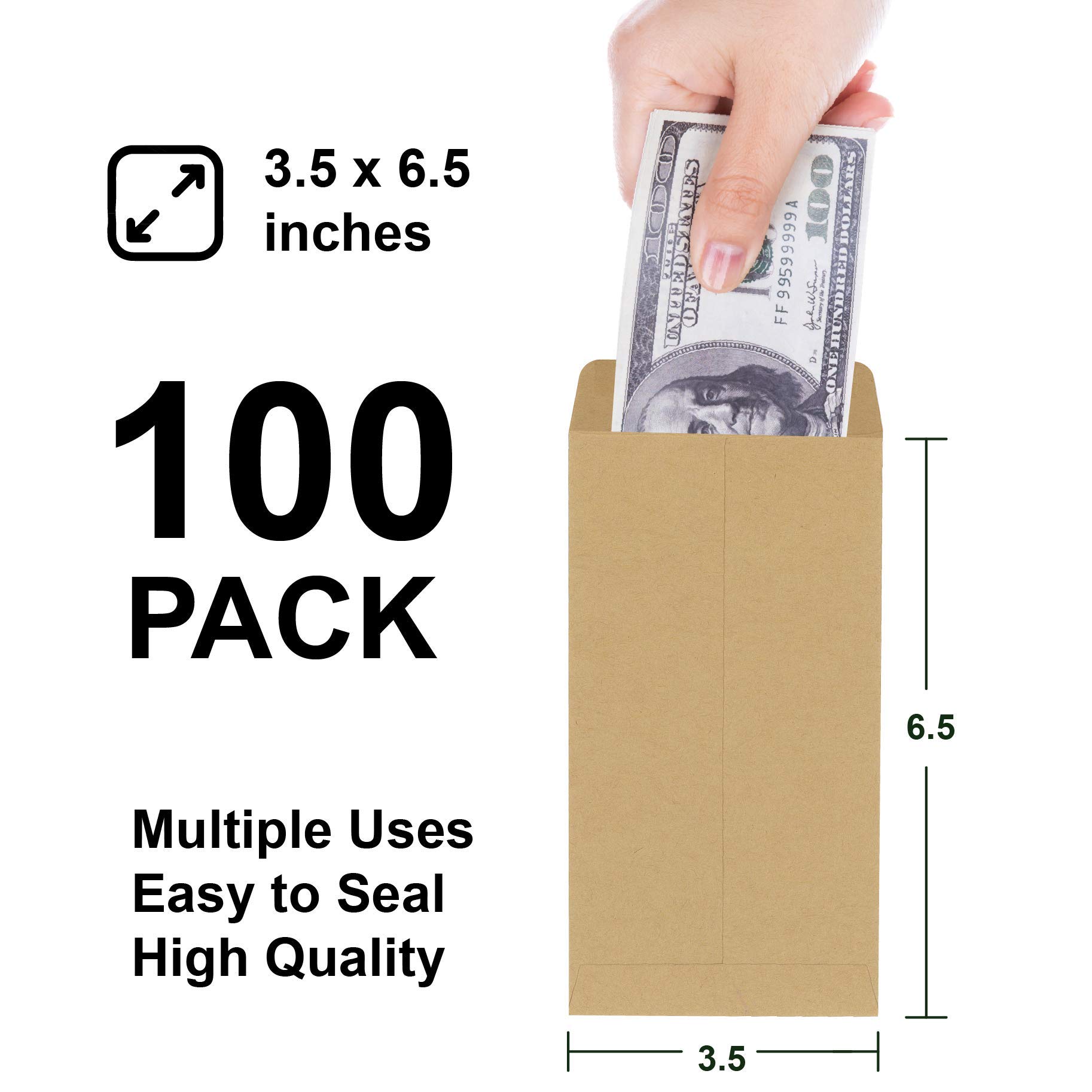 100 Pack Kraft Money Envelopes with Gummed Seal - 3.5 x 6.5 Inches Small Cash & Parts Envelopes - Perfect for Budgeting, Organizing Cash, Storing Small Items & Office Use