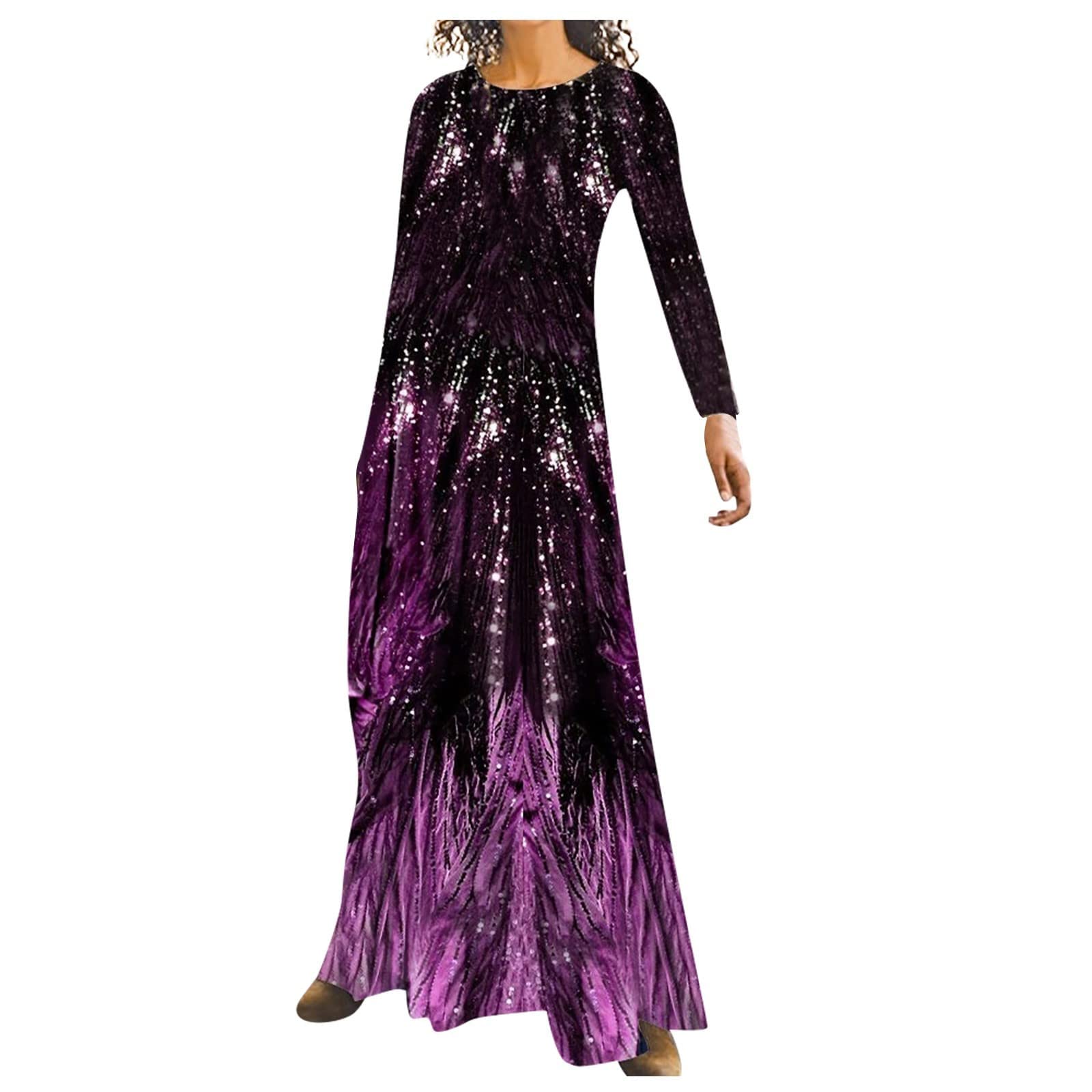 Vintage Crewneck Maxi Dress for Women - Long Sleeve Loose Fit Tunic Dress with Color Block Design | Perfect for Parties, Evening Events & Casual Outings