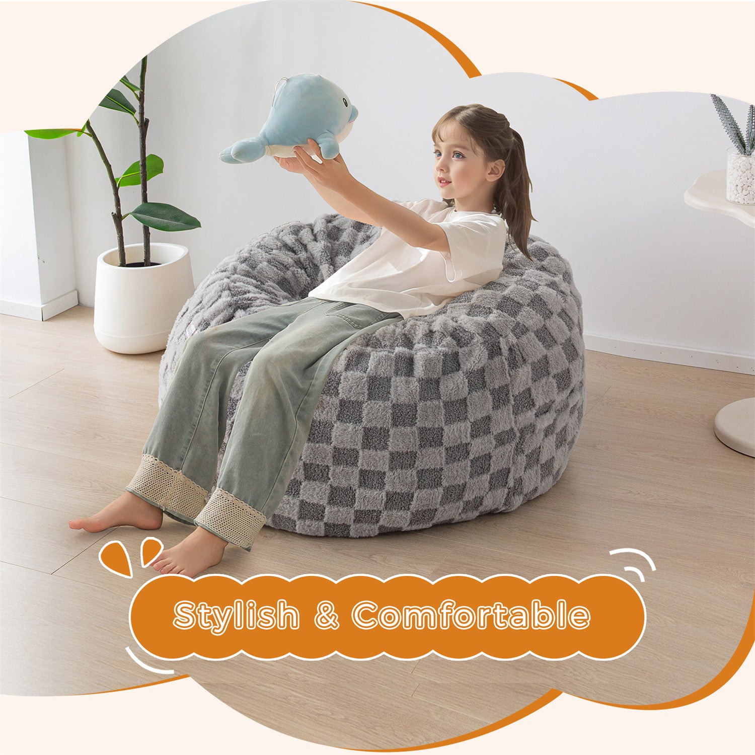 MAXYOYO Kids Bean Bag Chair Convertible to Bed - Soft Jacquard Shaggy Plush Removable Cover, Grey Plaid Design for Boys & Girls - Perfect for Playroom, Bedroom, Dorm or Lounge Area