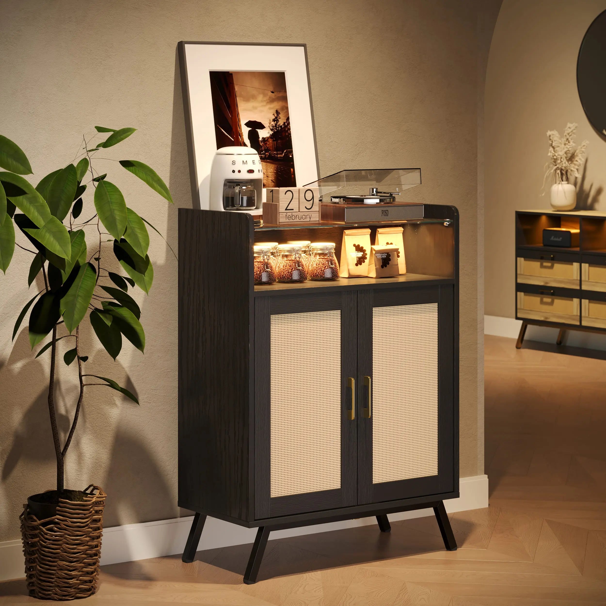 Bestier Black Rattan Storage Cabinet with Top Shelves and LED Accent Chest - Stylish Home Organization for Bedroom, Living Room & Office Decor
