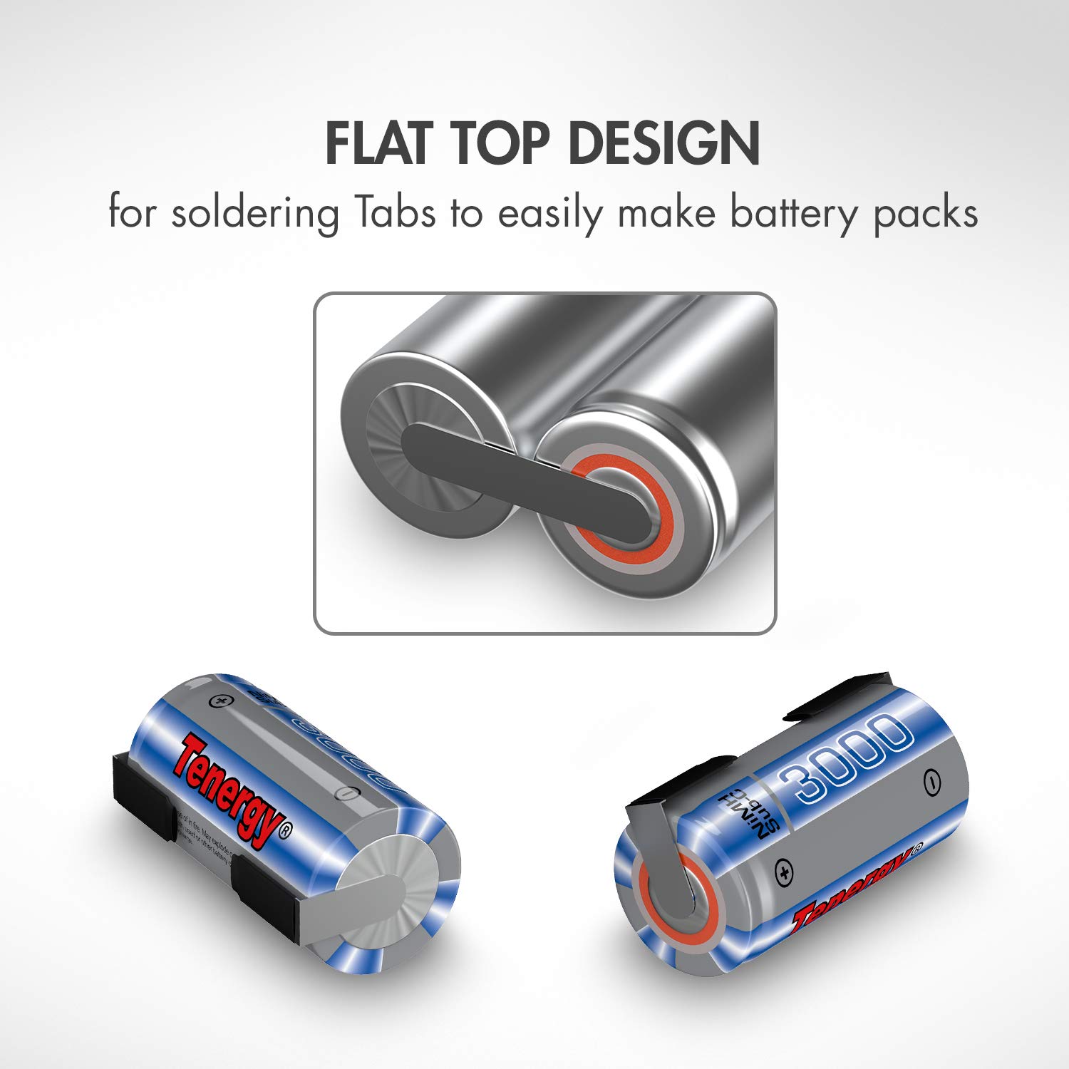 Tenergy NiMH SubC 1.2V 3000mAh Rechargeable Batteries with Tabs - 15 Pack for RC Cars, Robotics, and High-Drain Devices
