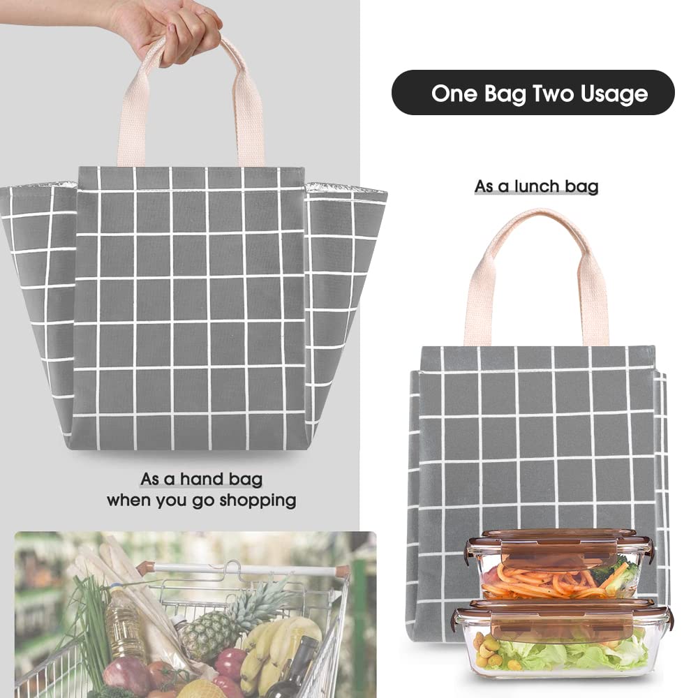 **HOMESPON Reusable Insulated Lunch Bag with Aluminum Foil - Eco-Friendly Canvas Lunch Box for Women & Men - Office, School, Picnic, Travel - Grey Plaid Design**