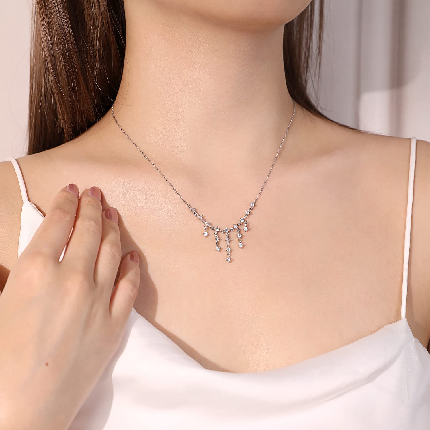 Meissa Sterling Silver Dainty Diamond Necklace for Women - Elegant Wedding, Bridal & Bridesmaid Jewelry - Handmade Crystal Choker Necklace - Perfect for Weddings, Anniversaries & Special Occasions (Silver)
