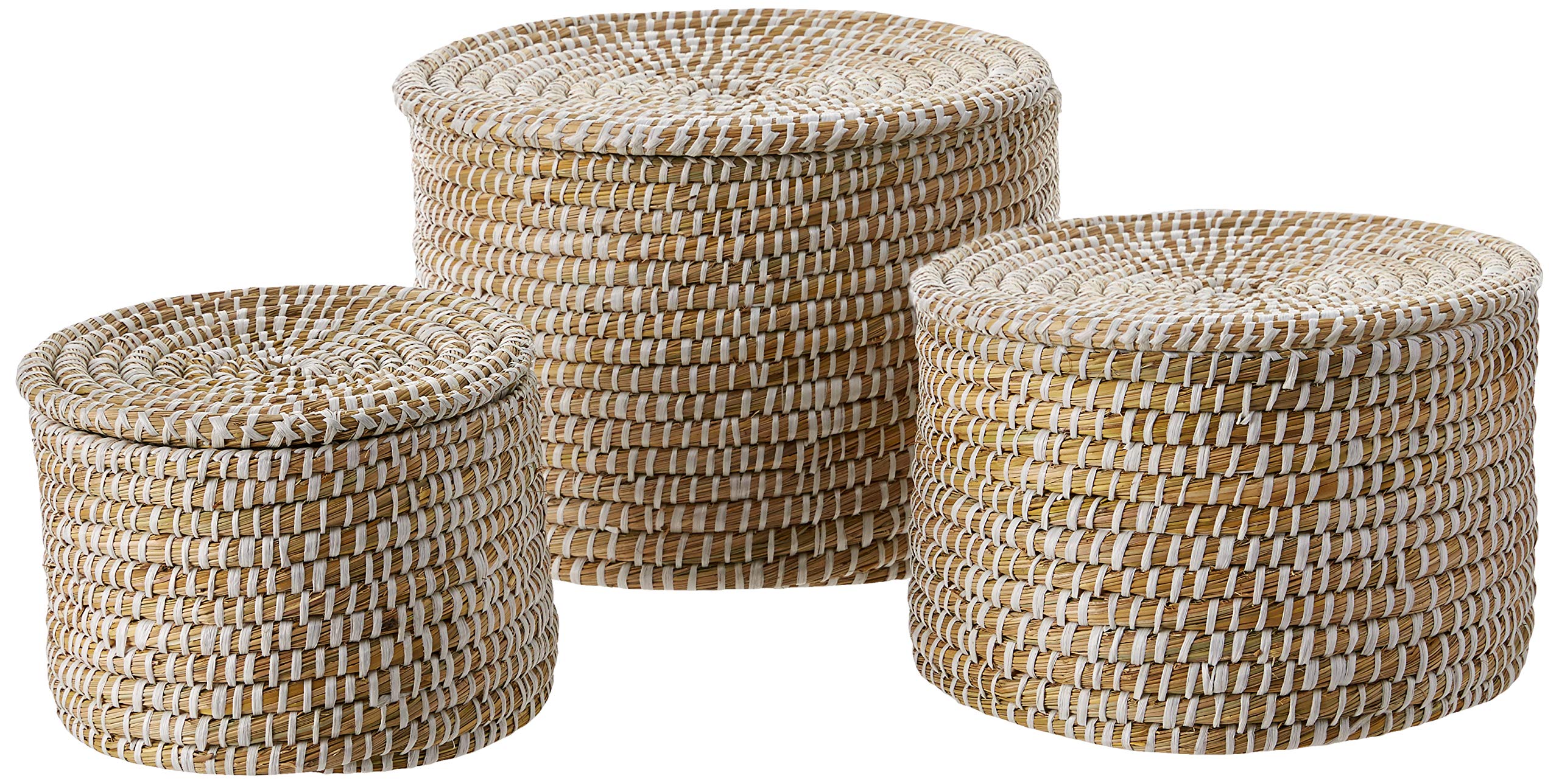 Whitewashed Woven Seagrass Storage Baskets with Lids - Set of 3 Sizes (Small, Medium, Large) - Natural Home Decor for Bathroom, Kitchen & Living Room Organization