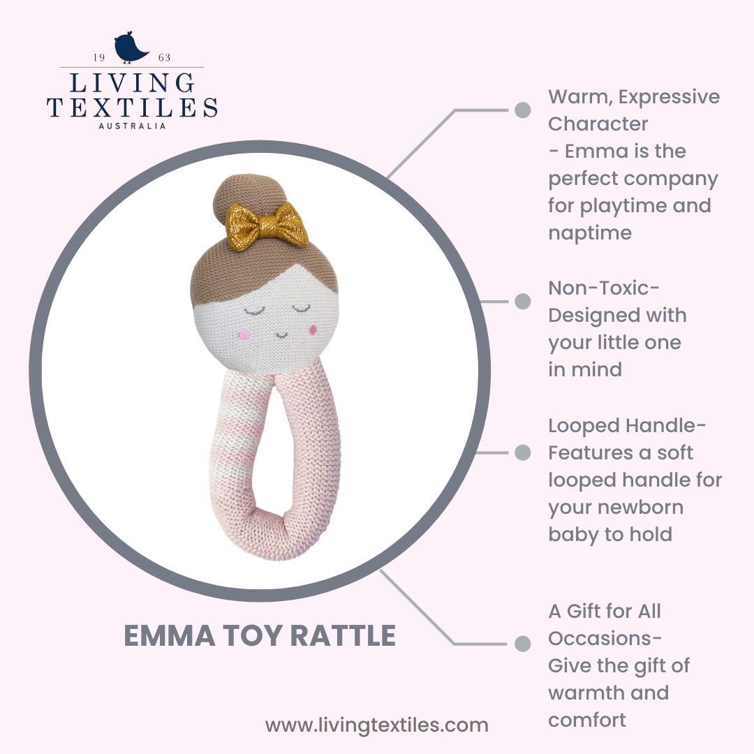 Emma Ballerina Baby Knitted Toy Rattle - 100% Premium Cotton Soft Stuffed Animal for Newborns & Infants | Cute Nursery Gift, Baby Shower Present for Girls | Perfect for Playtime, Sensory Development & Nursery Decor