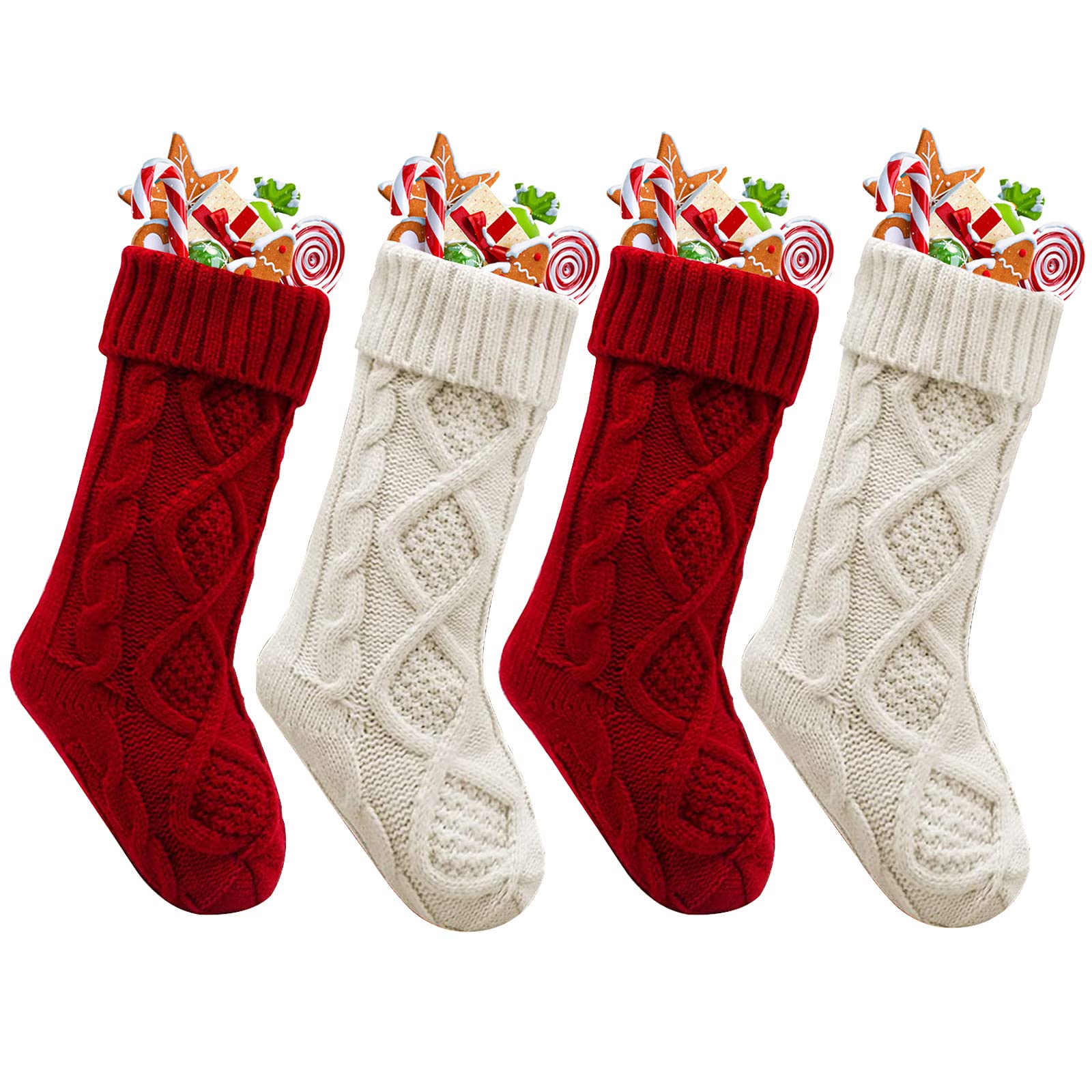 Yifanplus 4 Pack 18 Inch Large Knit Christmas Stockings - Classic White & Ivory Cable Knitted Holiday Stocking Decor for Family, Xmas Party & Fireplace Mantel Decorations