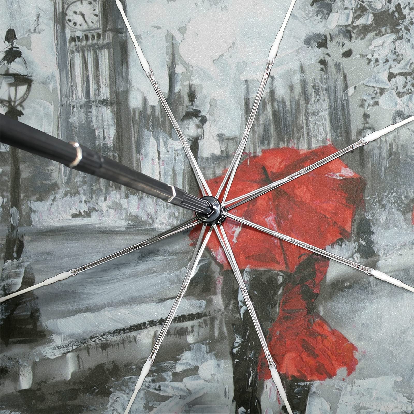 London Street Big Ben Couple with Red Umbrella - Auto Open/Close Folding Umbrella, Strong Windproof Travel Rain Umbrella, Portable Automatic Compact Sun Parasol for Men & Women - Perfect for Travel, Commuting, and Outdoor Activities