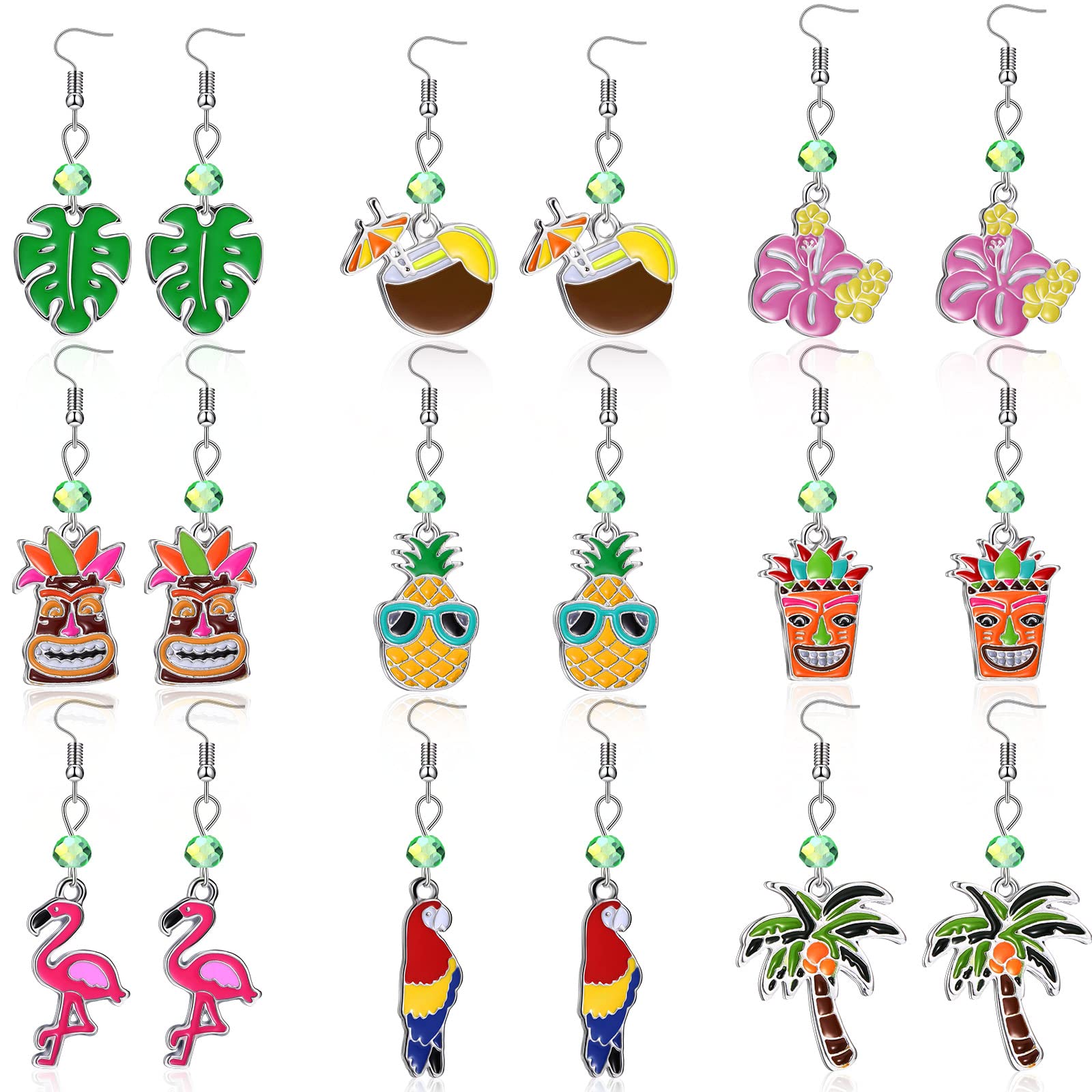 9 Pairs Tropical Earrings for Women - Hawaiian Dangle Jewelry Set for Luau, Hula Party & Summer Vacation - Beach, Pool & Holiday Accessories