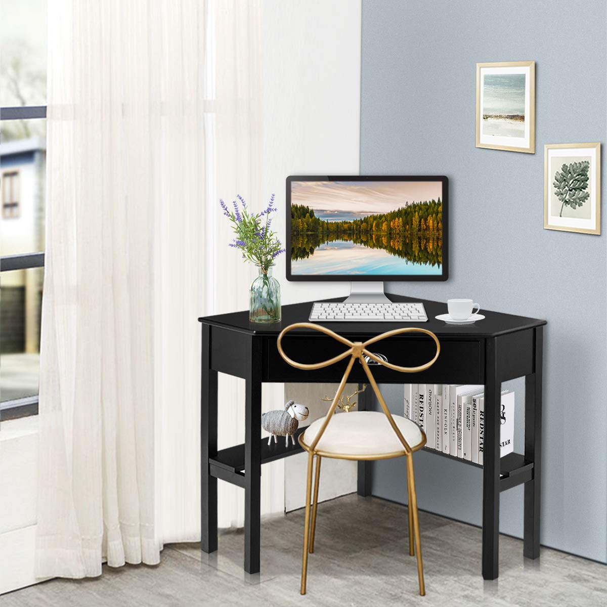 Tangkula Corner Desk with Drawer & Storage Shelves - 90° Triangle Computer Desk for Small Spaces, Home Office & Makeup Vanity | Compact Workspace Solution for Apartments, Dorms & Bedrooms