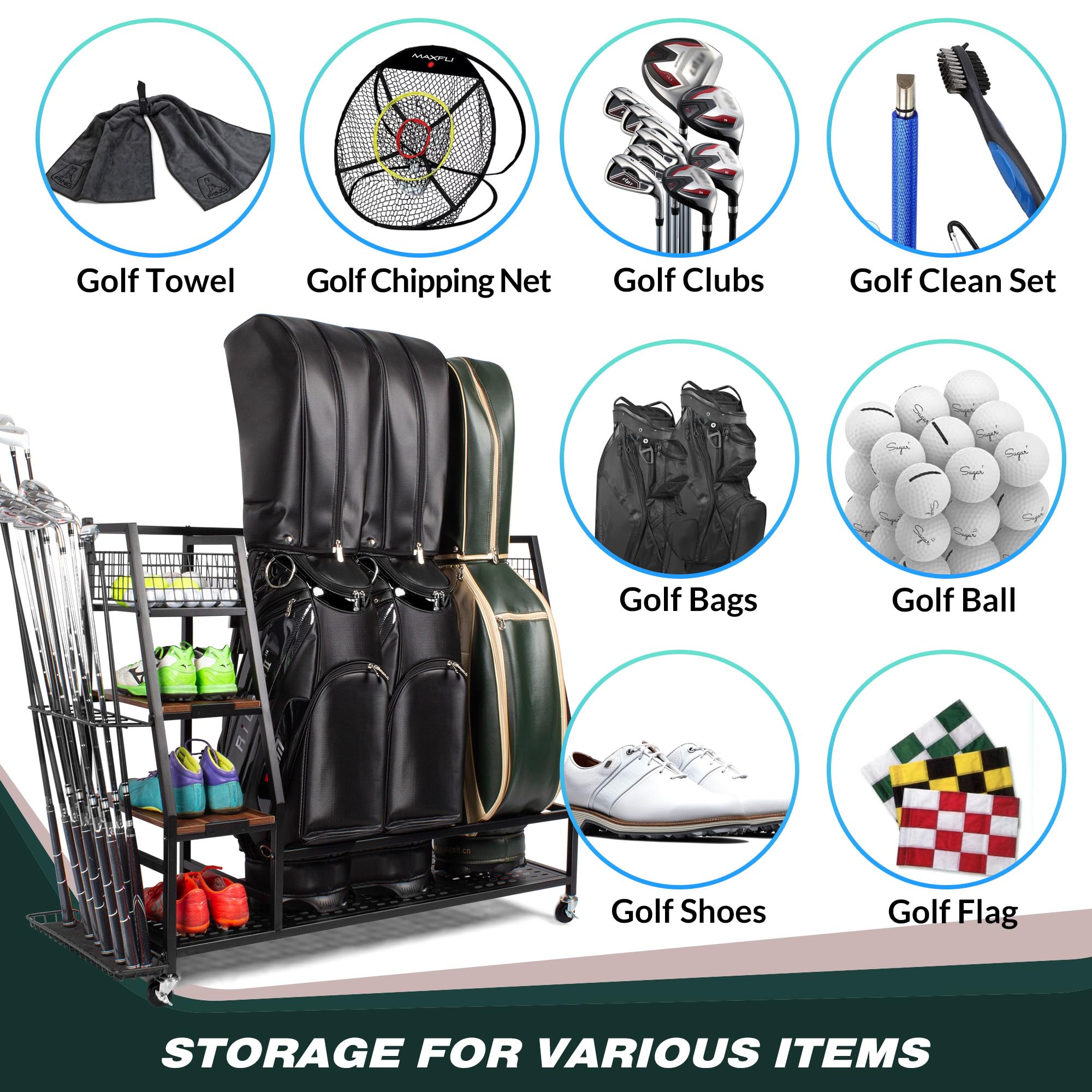 Sttoraboks 2/3 Golf Bag Storage Organizer - Heavy Duty Golf Bag Rack with Wooden Shelf & Lockable Wheels - Holds Golf Bags & Equipment Accessories - Perfect for Garage, Indoor, Basement & Golf Club Storage