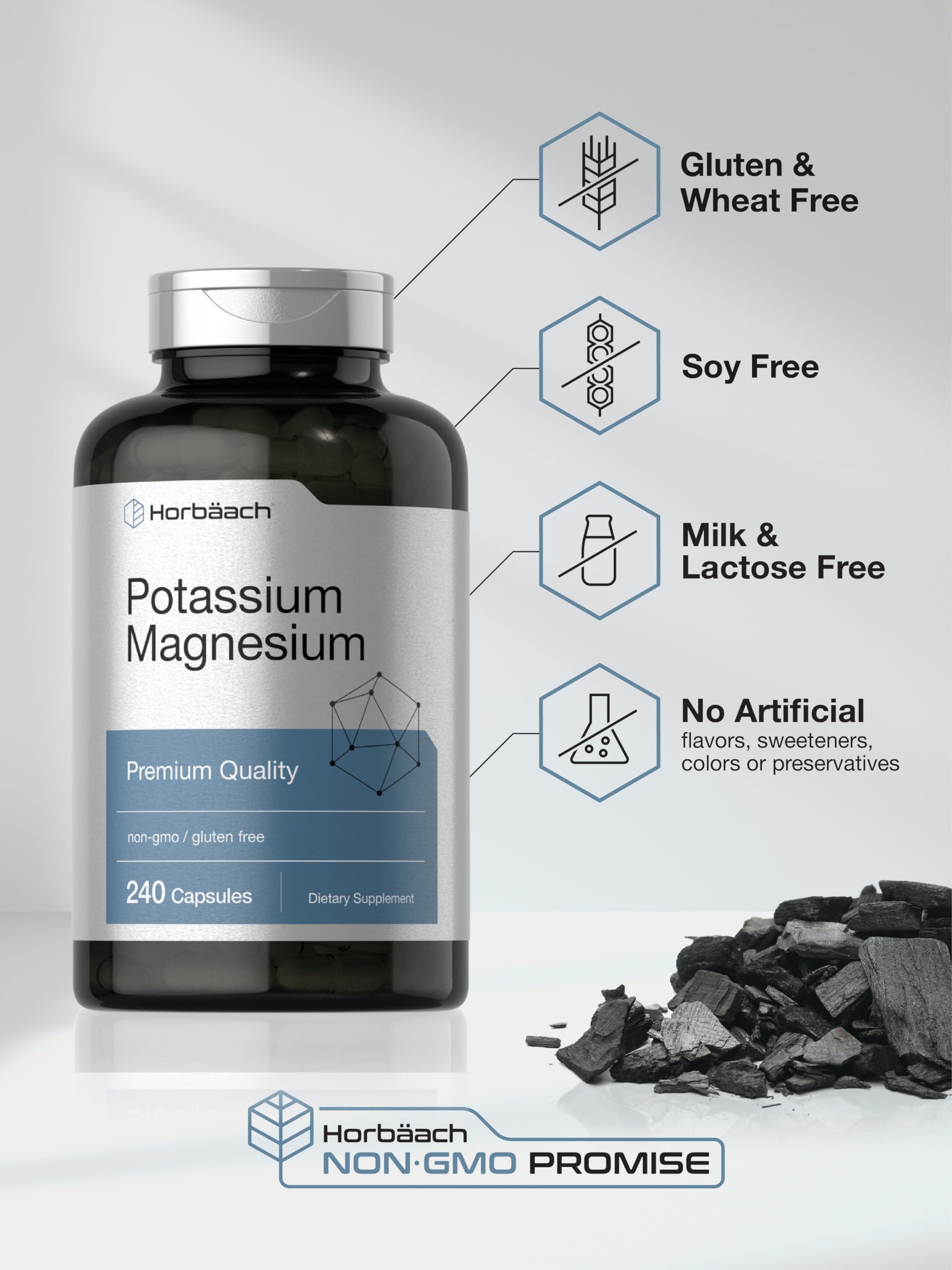 Horbäach Potassium Magnesium Supplement 240 Capsules - Premium Quality Non-GMO Gluten Free Support for Muscle Recovery & Heart Health | Daily Wellness & Active Lifestyle