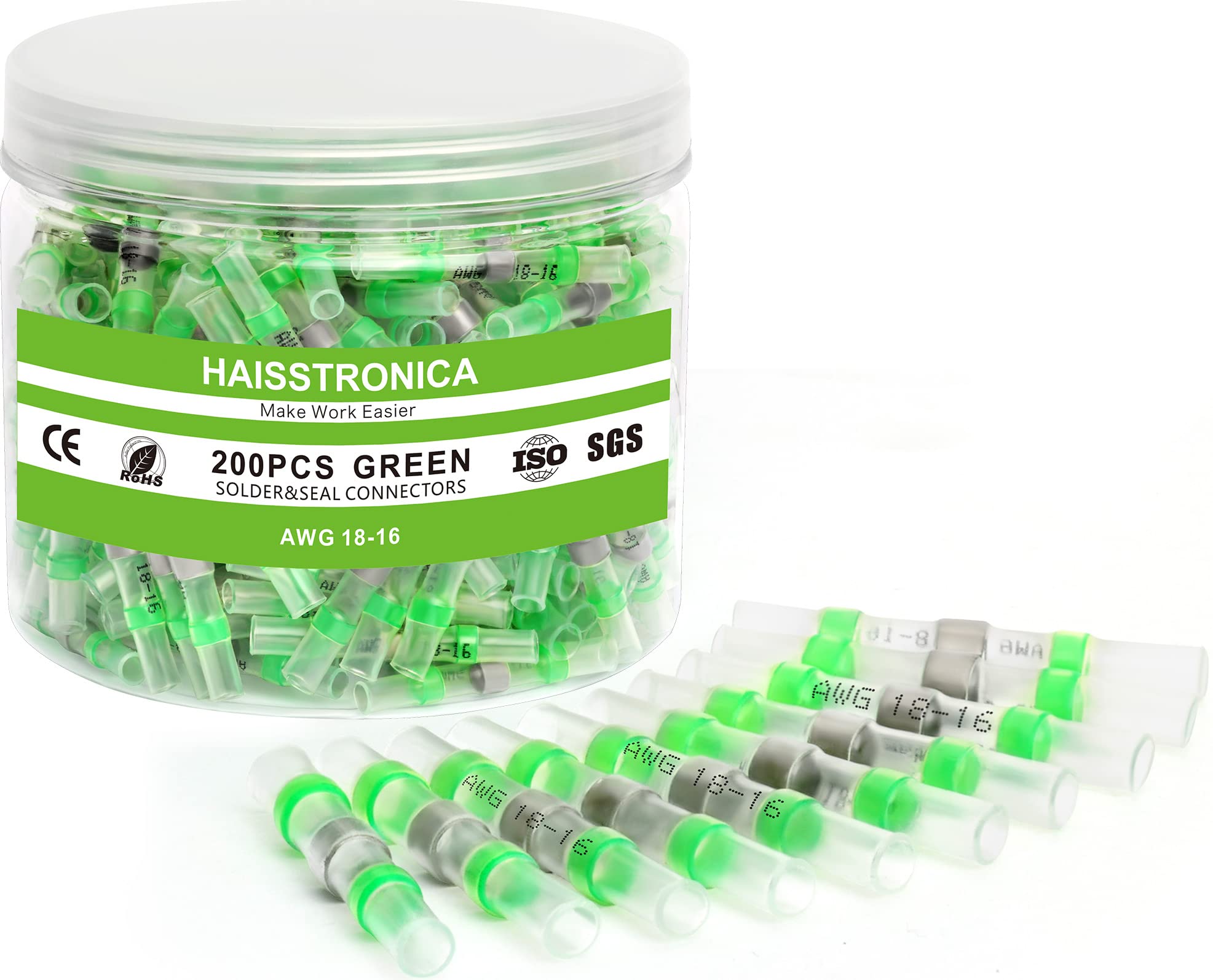 Haisstronica 200PCS 18-16 AWG Green Solder Seal Wire Connectors - Waterproof Heat Shrink Butt Connectors for Marine, Automotive, Electrical & Stereo Wiring - Ideal for Boat, RV, Car Audio & DIY Electronics Projects