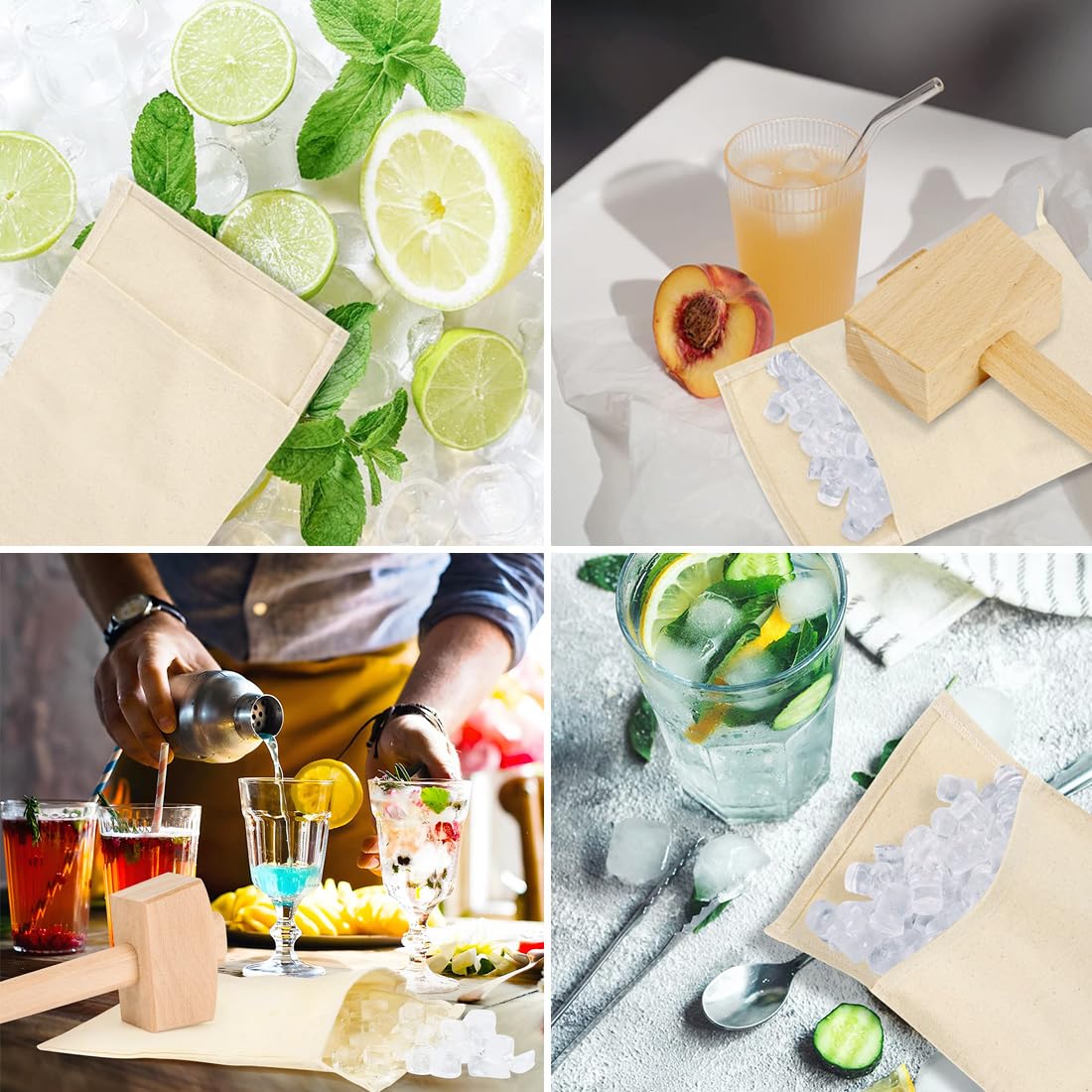 Premium Lewis Ice Crushing Bag Set - 4 Reusable Canvas Bags & Wooden Mallet for Cocktails, Bars, Home Kitchen & Parties (9.84